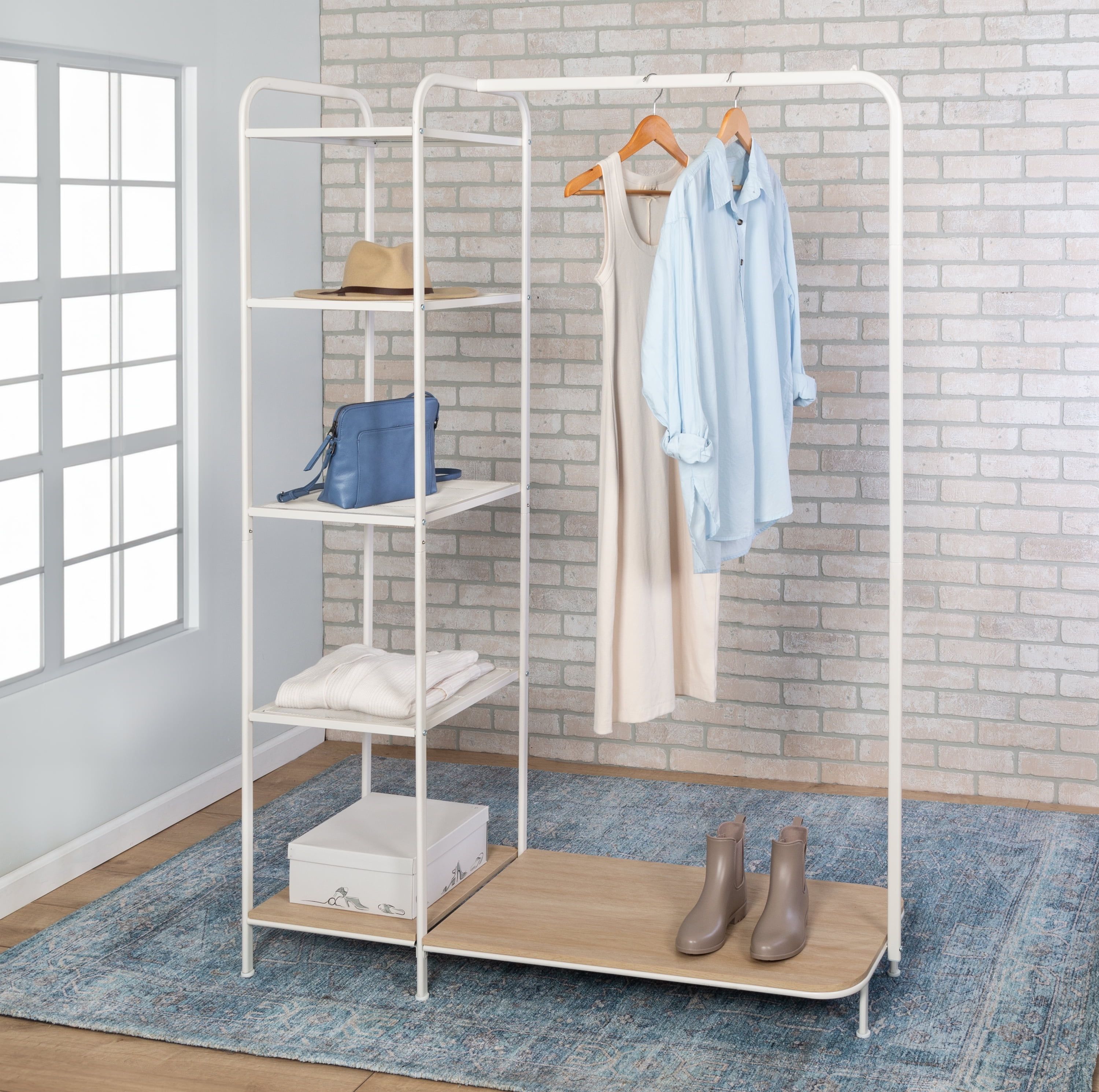 White and Ash Portable Clothing Rack with Shelves