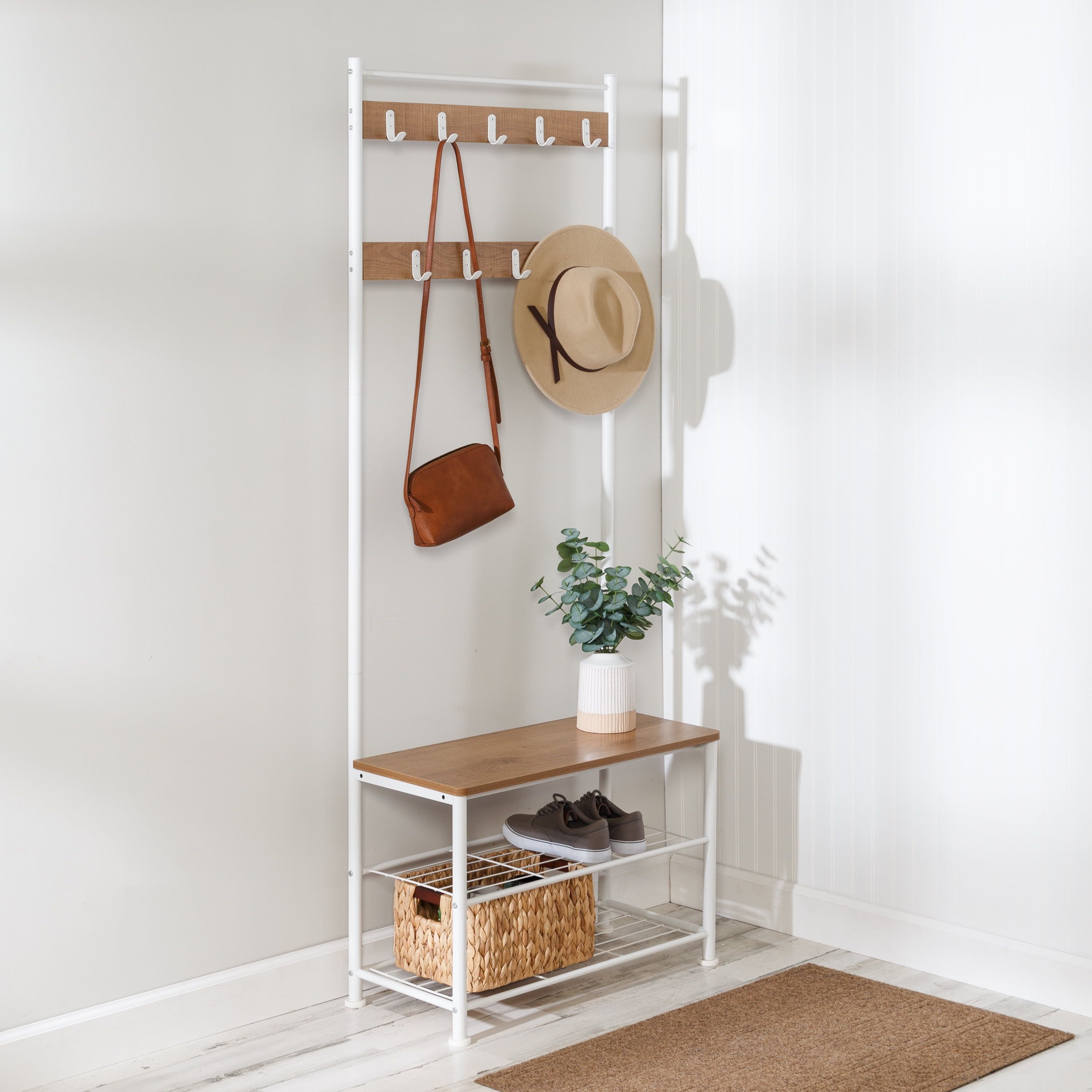 White and Medium Wood Hall Tree with Storage Bench