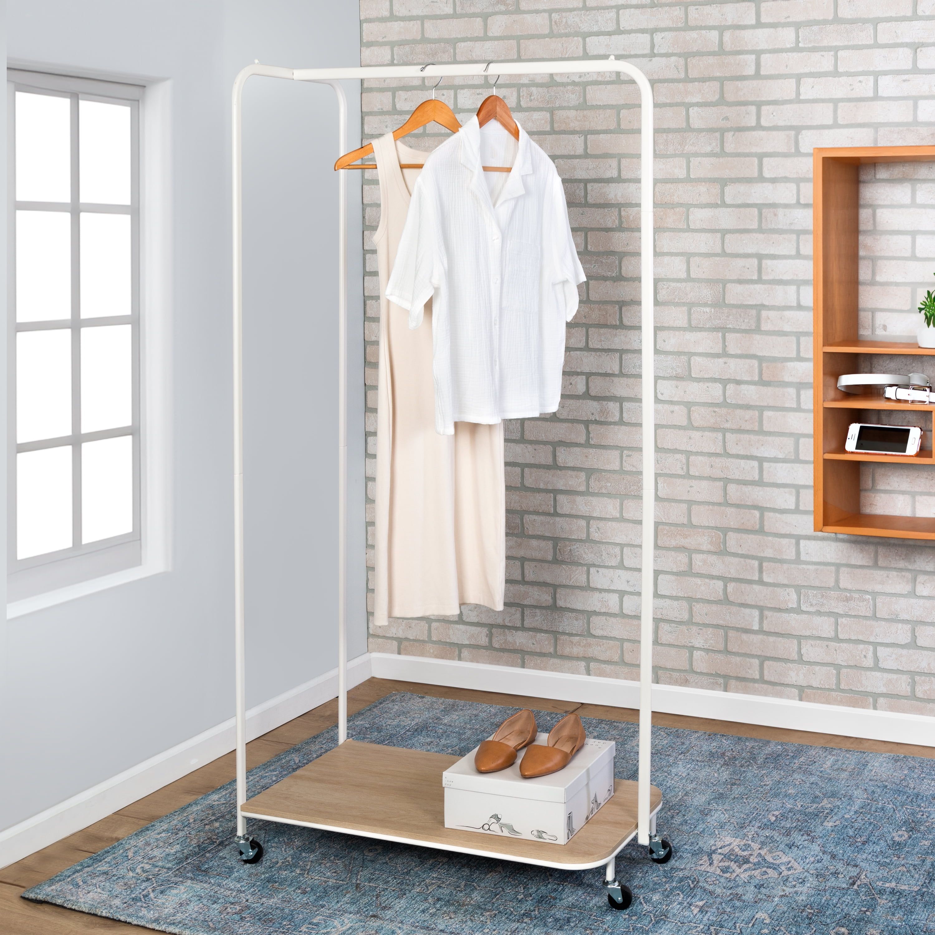 White and Ash Freestanding Steel Clothing Rack with Wood Shelf