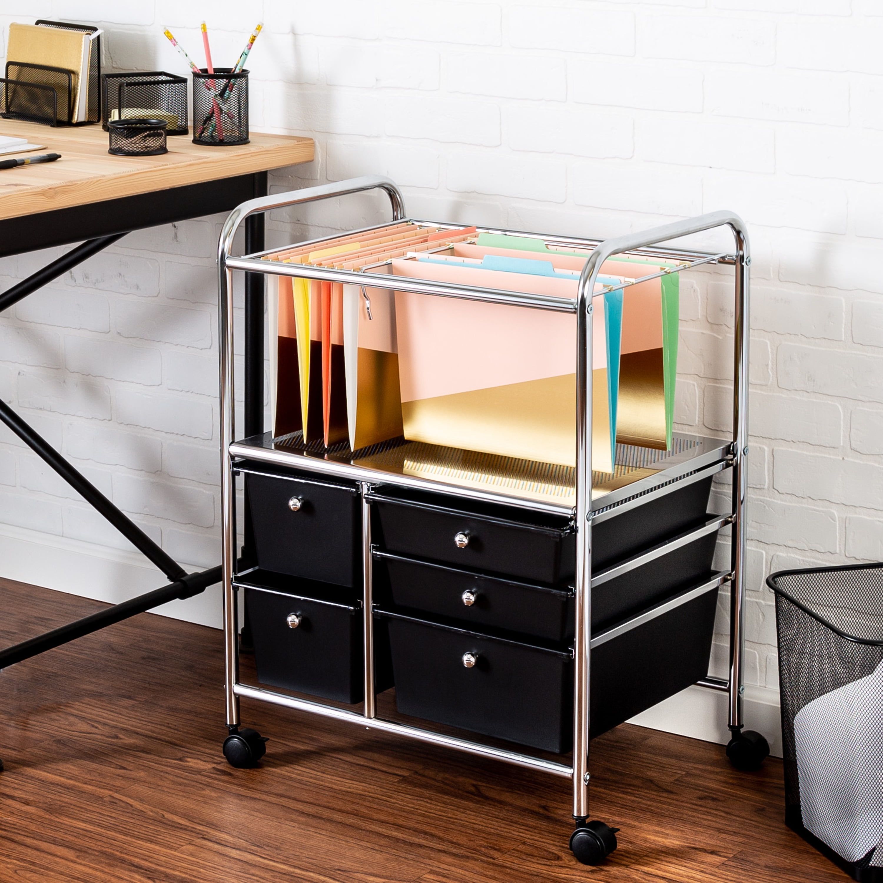 Black and Chrome 5-Drawer Rolling File Storage Cart