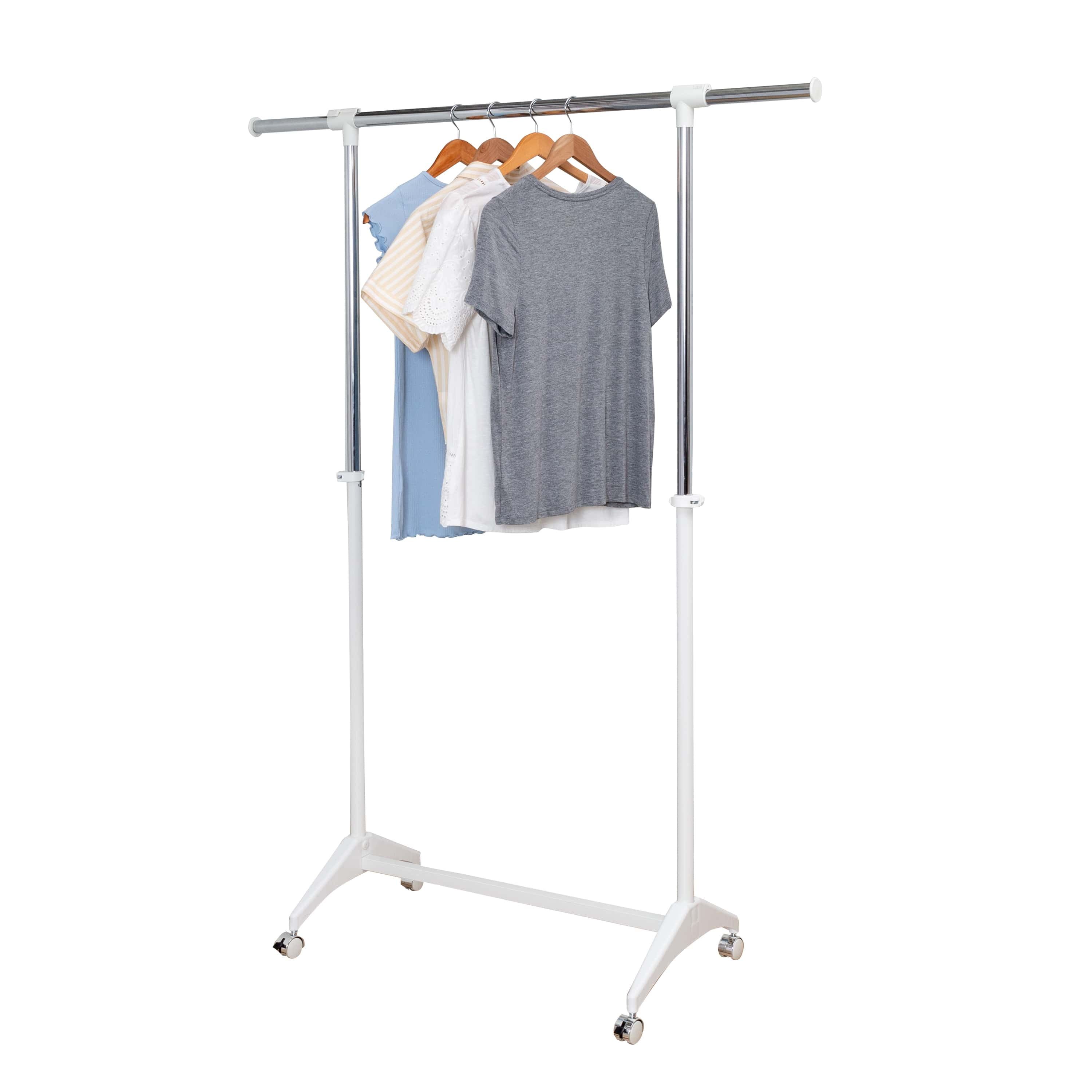 Adjustable Height Chrome and White Rolling Clothes Rack