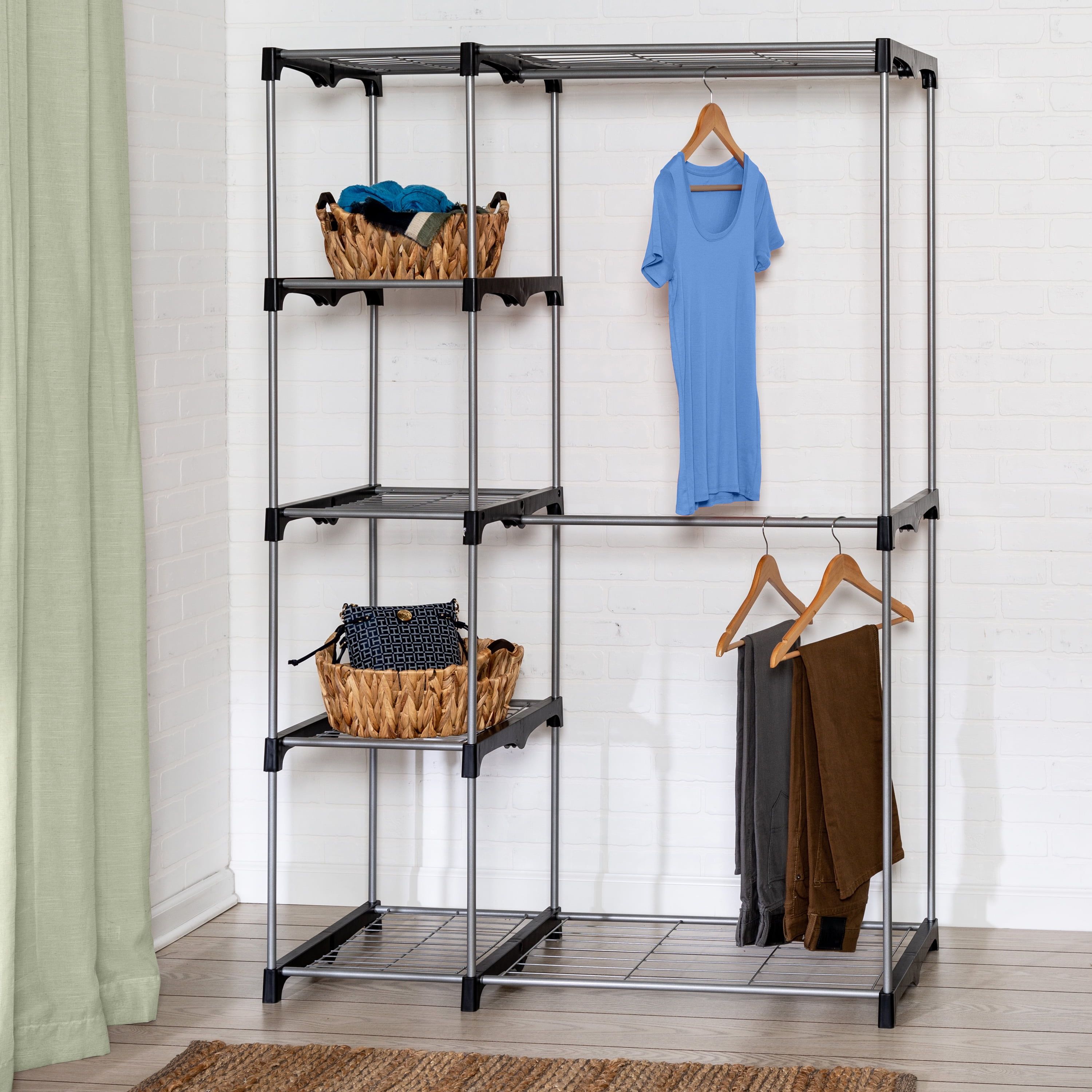 Silver and Black Steel Double Rod Freestanding Closet with Shelves