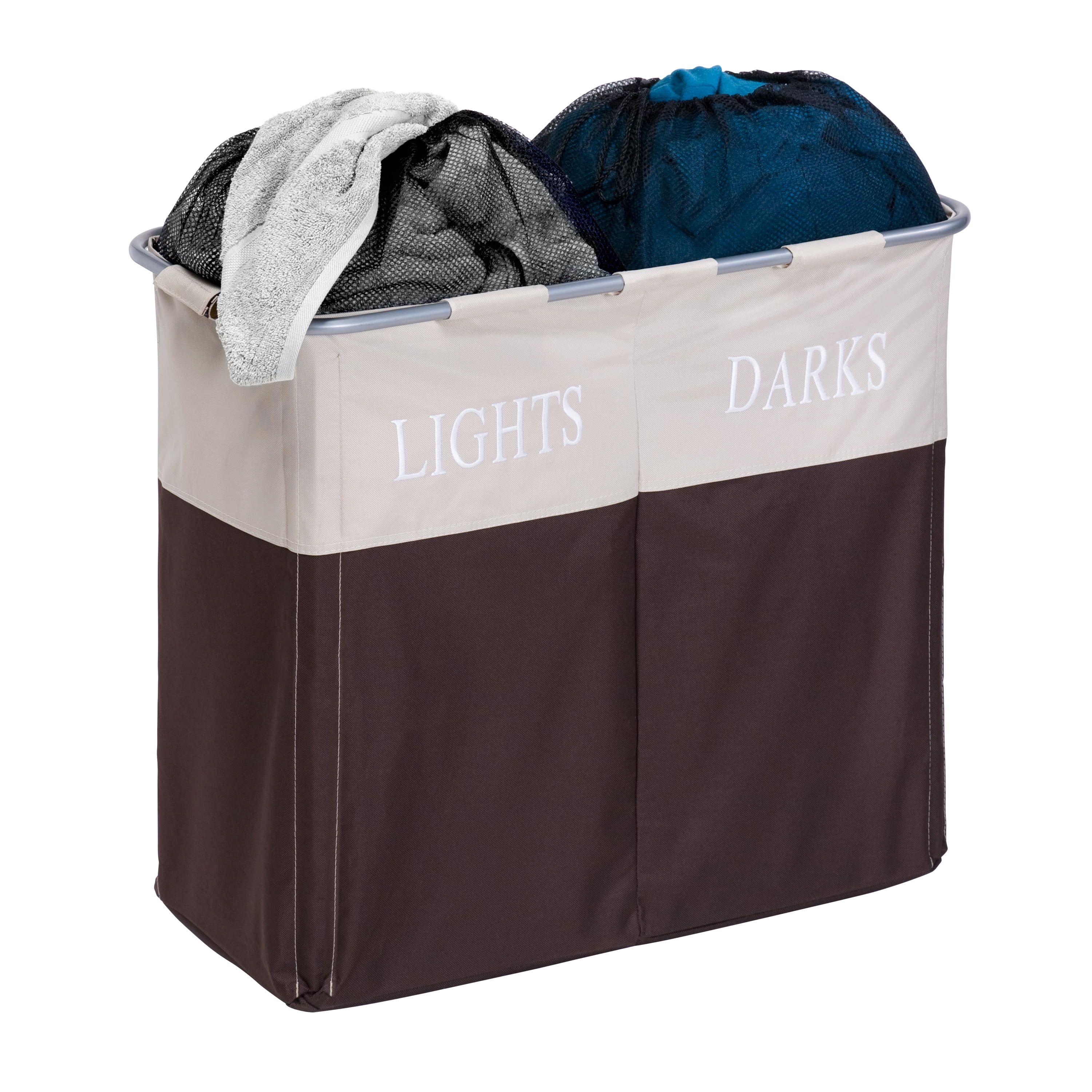 Brown and Beige Collapsible Double Laundry Hamper with Metal Frame