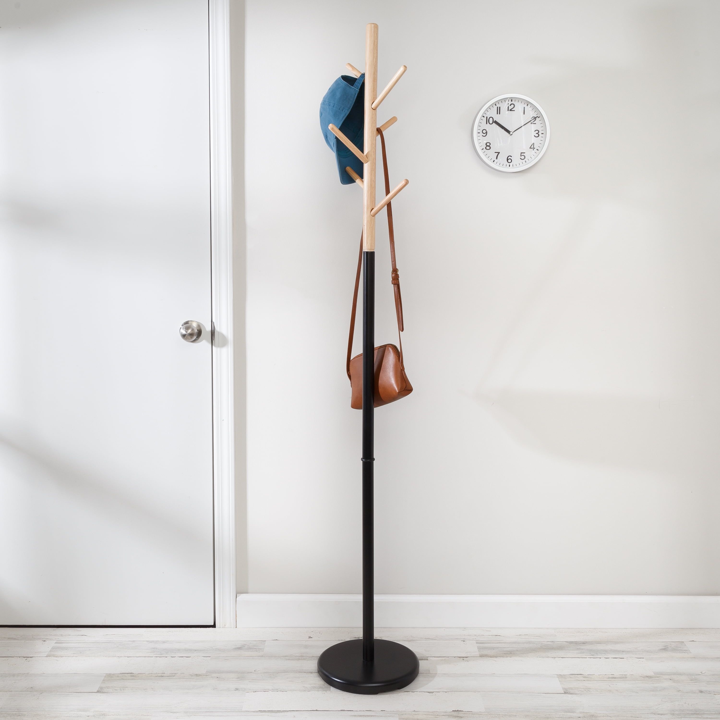 Black and Natural Wood Freestanding 6-Hook Coat Rack