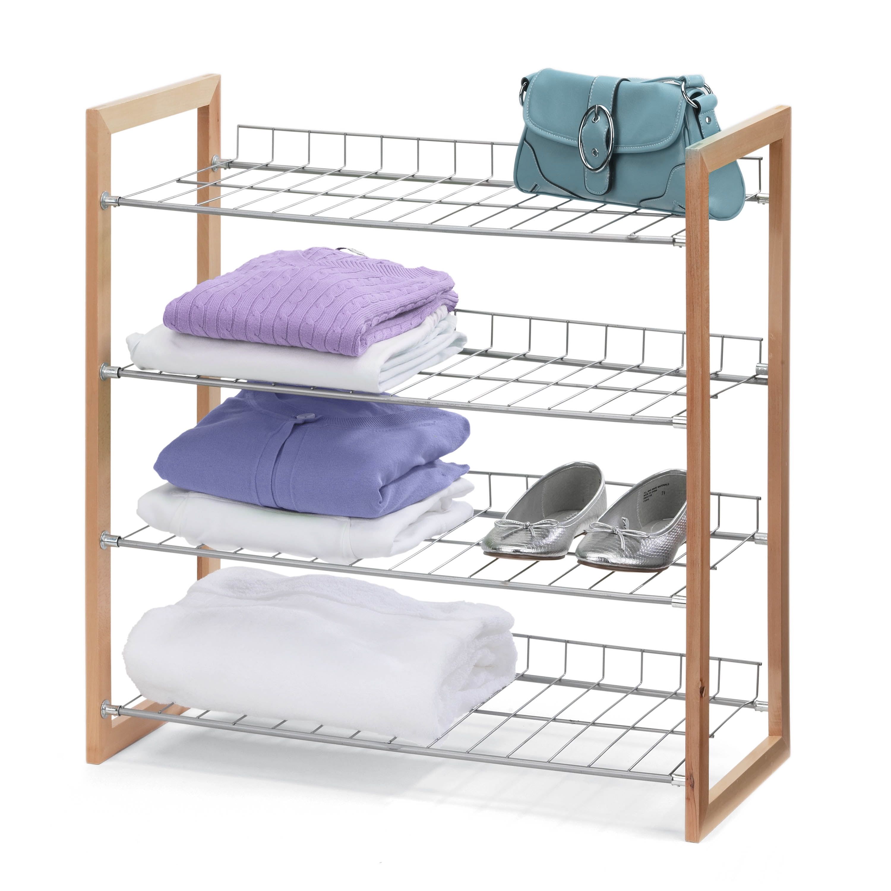 Contemporary 4-Tier Chrome & Natural Wood Storage Rack