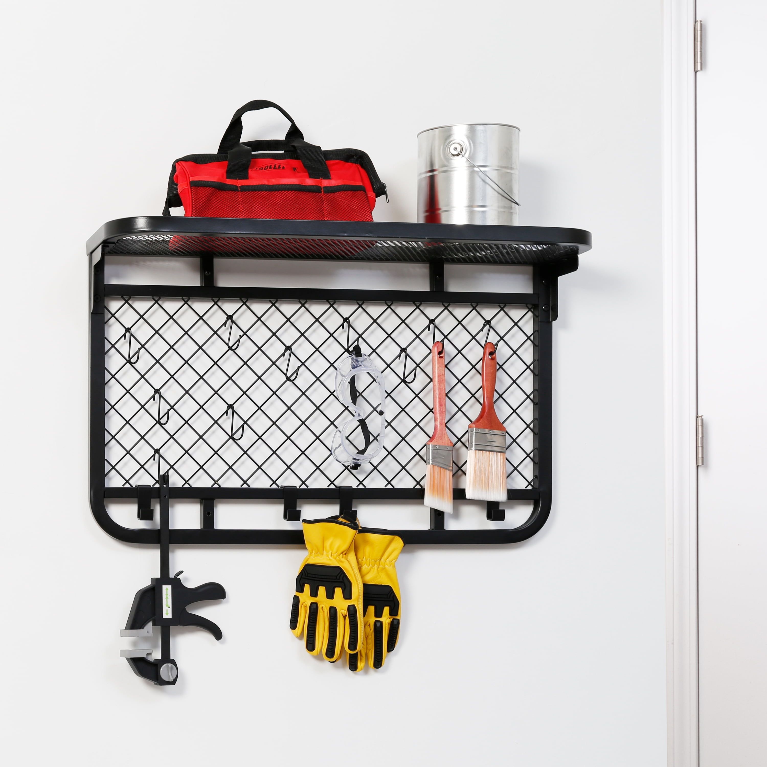 Matte Black Steel Garage Wall Shelf Rack with Hooks