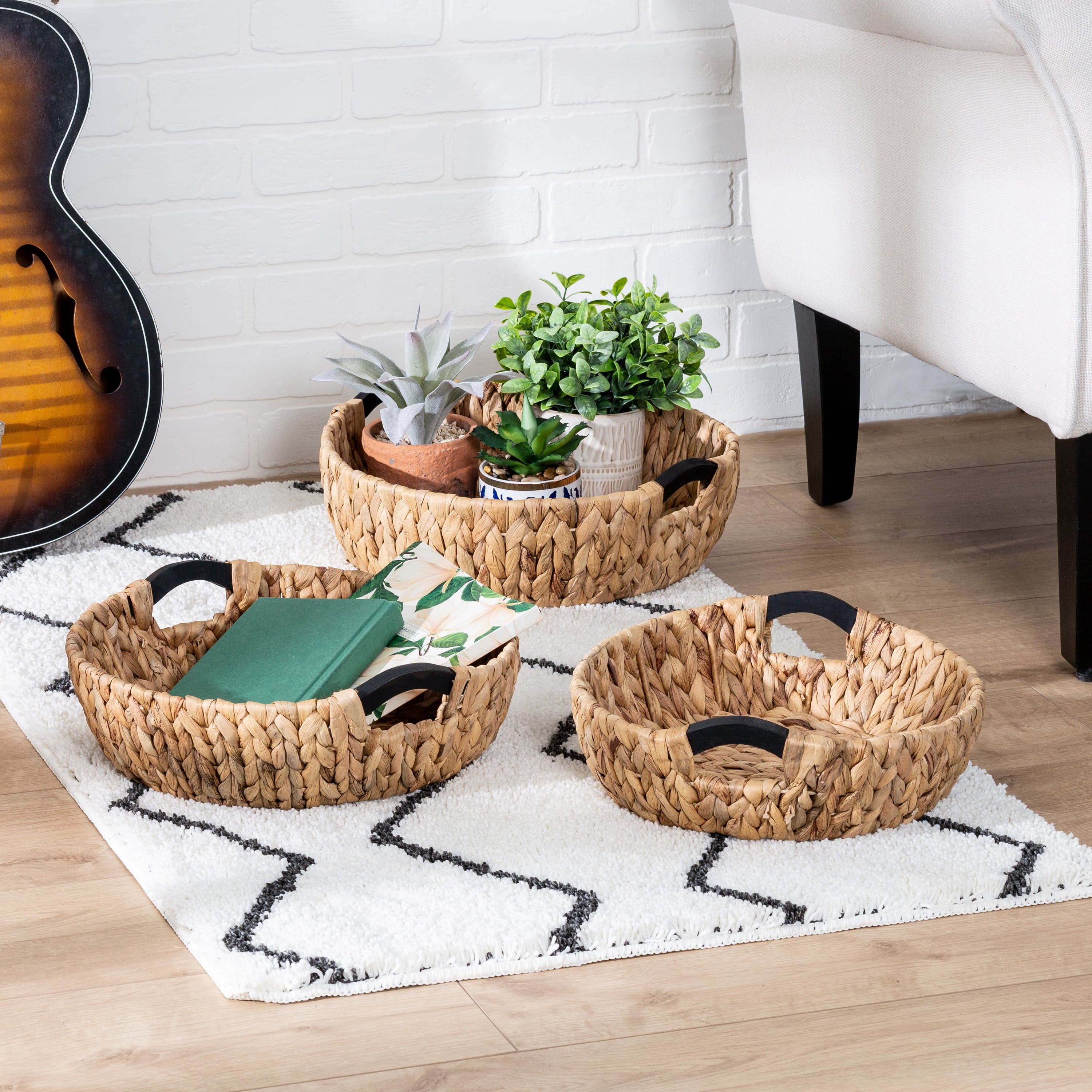 Natural Brown Water Hyacinth Round Wicker Storage Basket Set with Wooden Handles