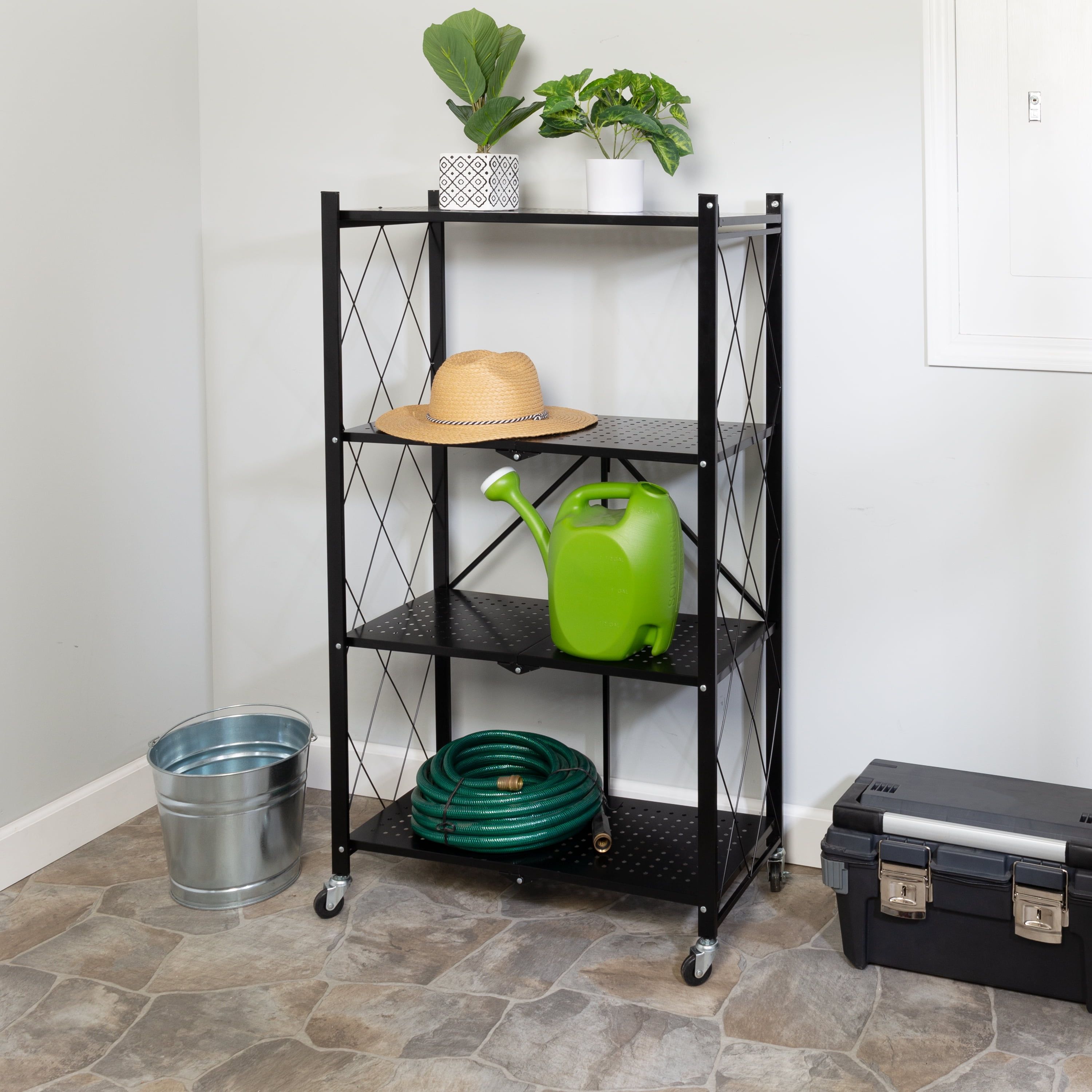 Black Metal 4-Tier Foldable Shelf Rack with Wheels