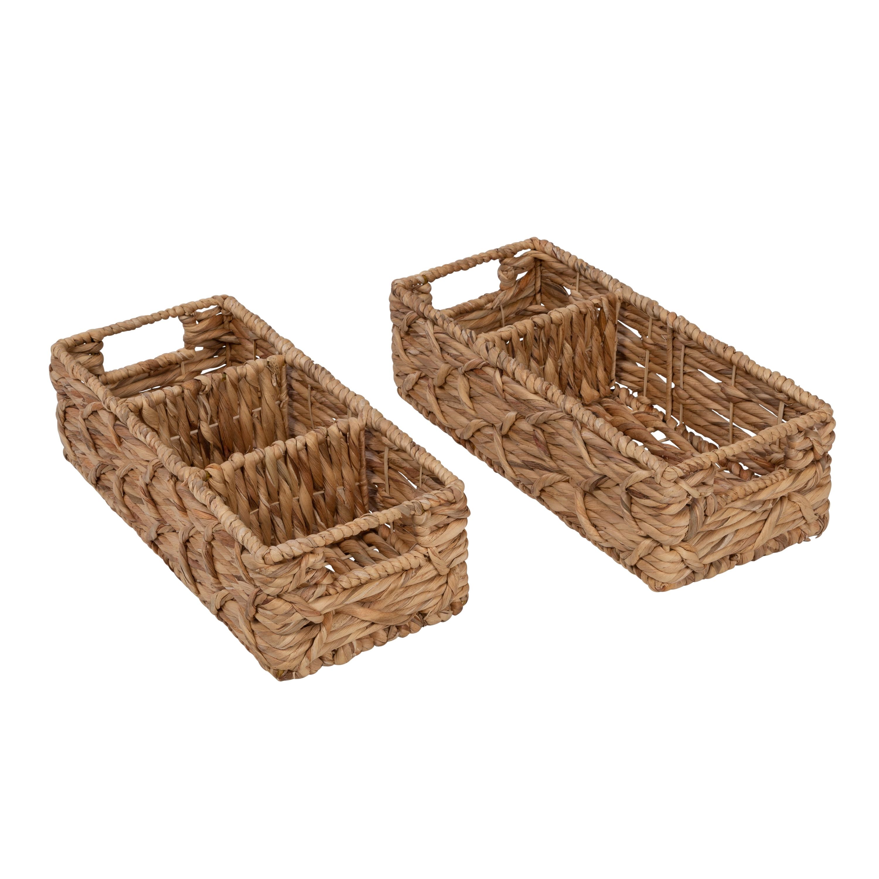 Natural Wicker Rectangular Storage Basket Set with Metal Handles