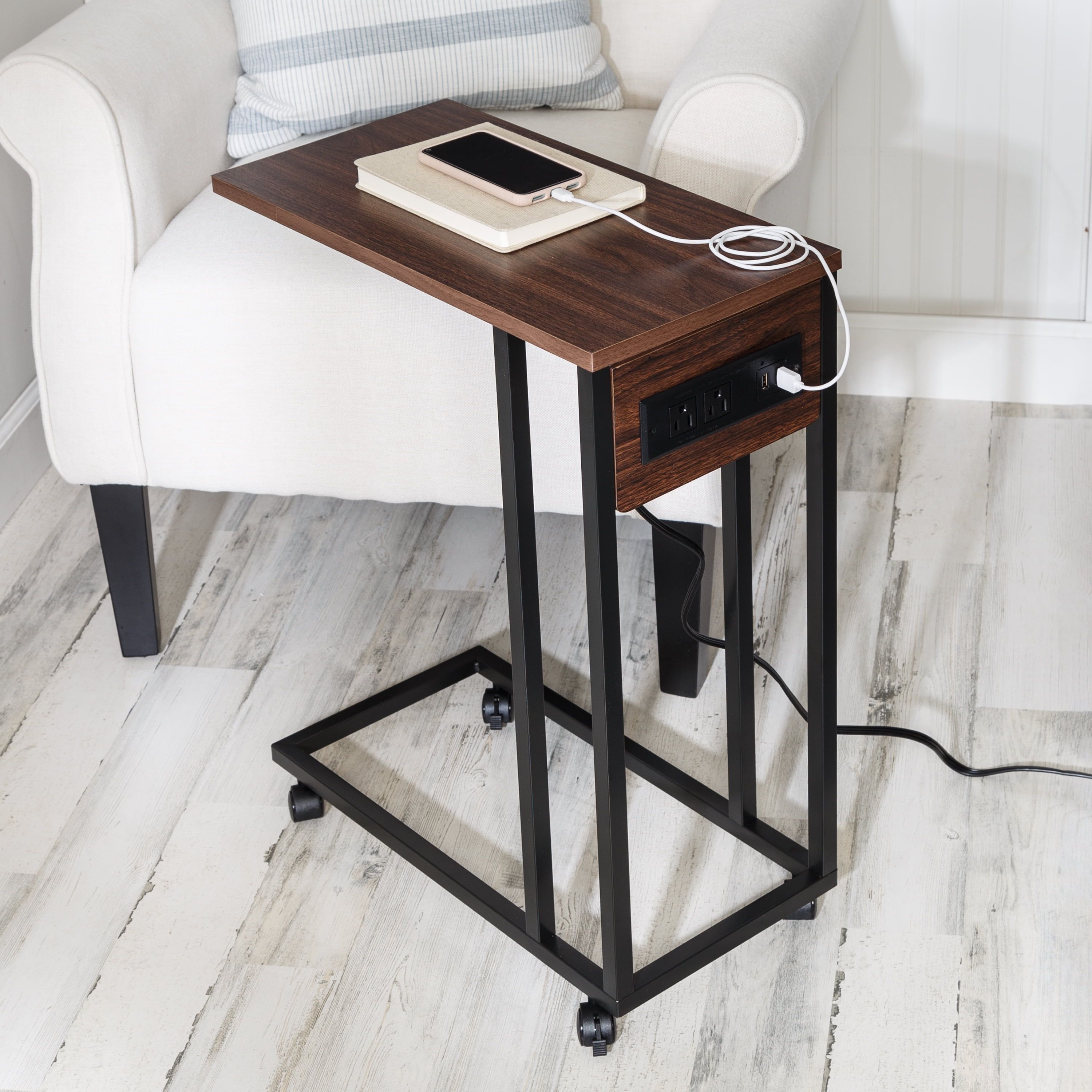 Walnut & Black Steel Modern C-Shaped Side Table with Charging Station