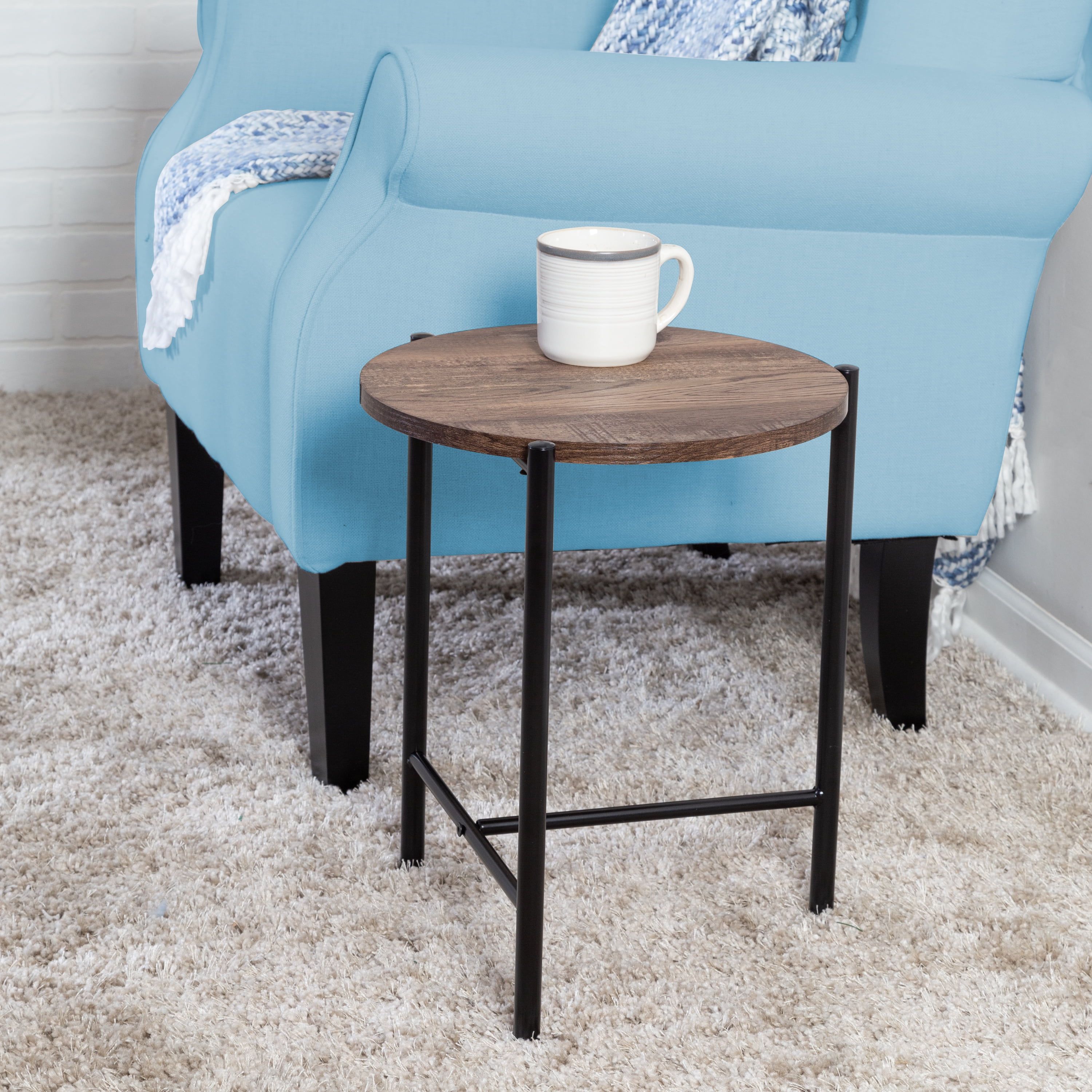 Natural Wood and Black Metal Round Side Table