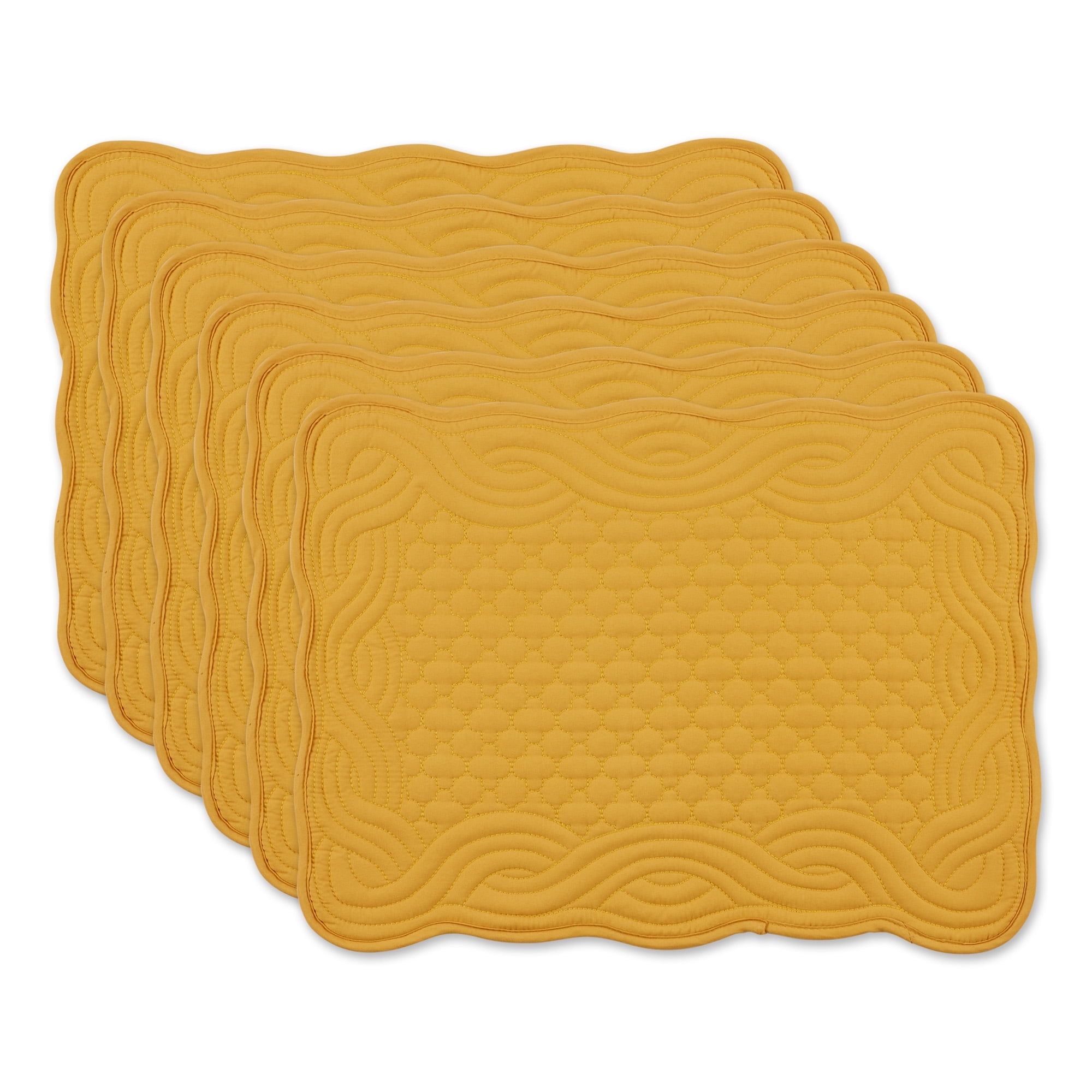 Mustard Yellow Quilted Geometric Embroidered Placemats Set of 6