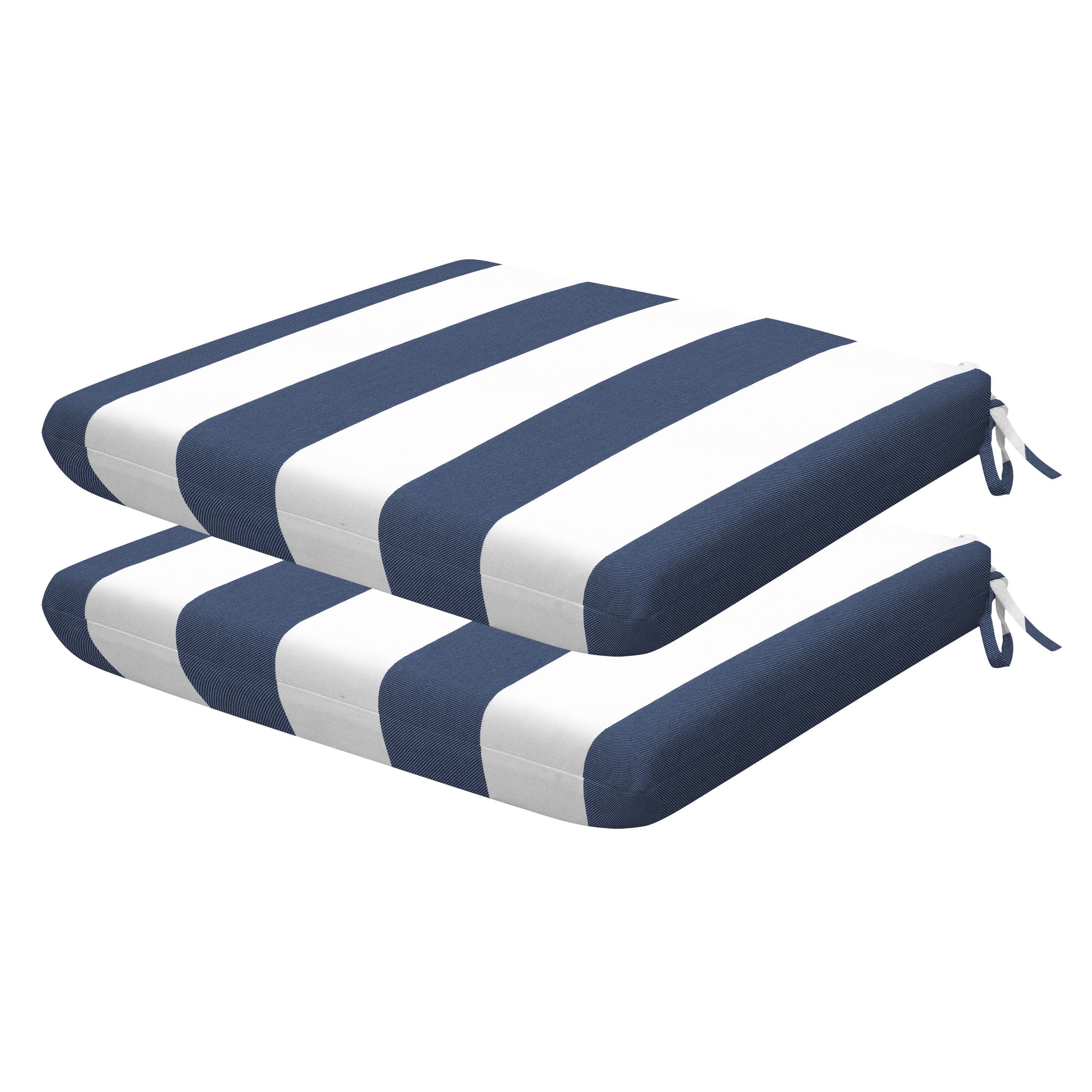 Navy and White Striped Outdoor Dining Chair Cushions, 18" x 17.5"