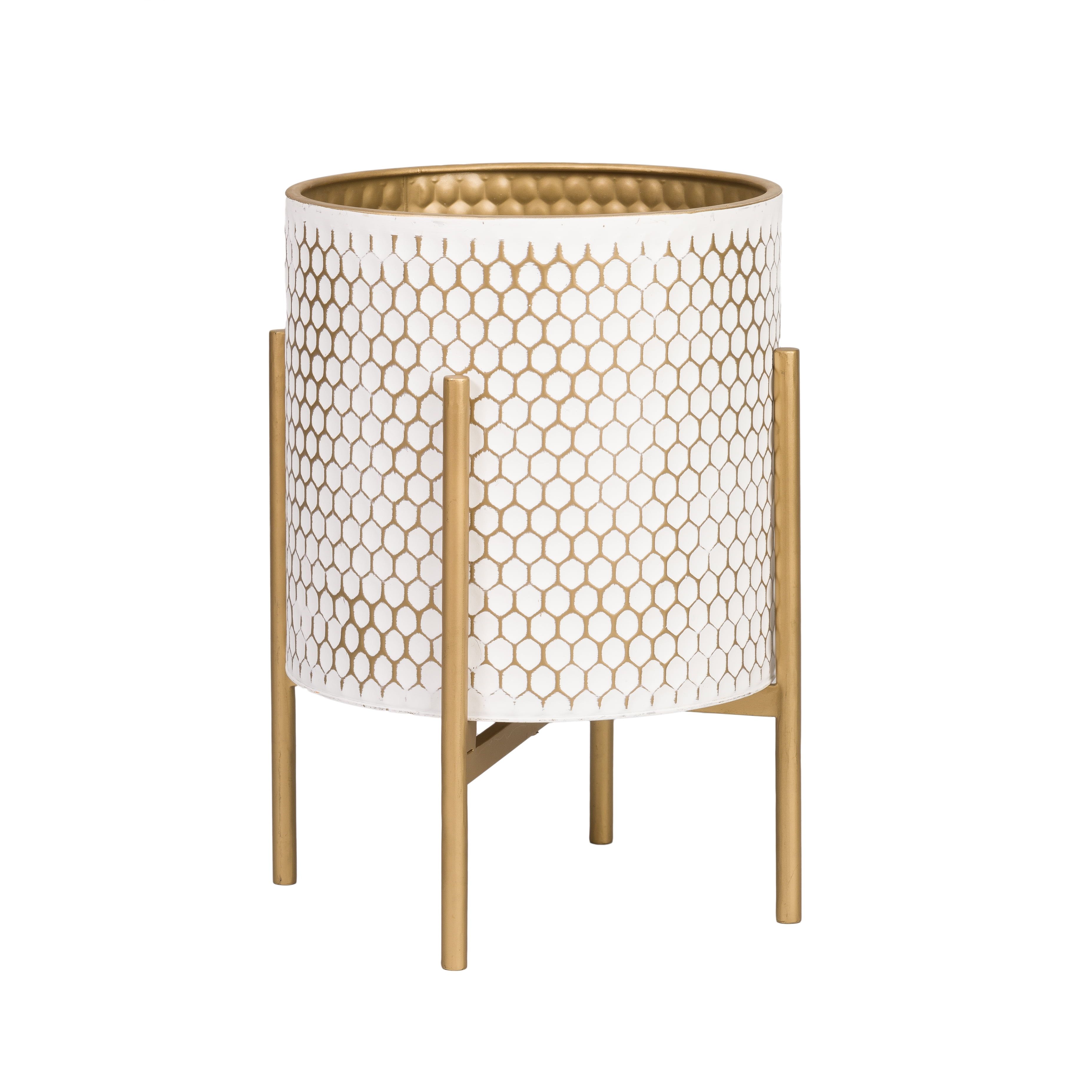 White and Gold Honeycomb Metal Planter with Stand