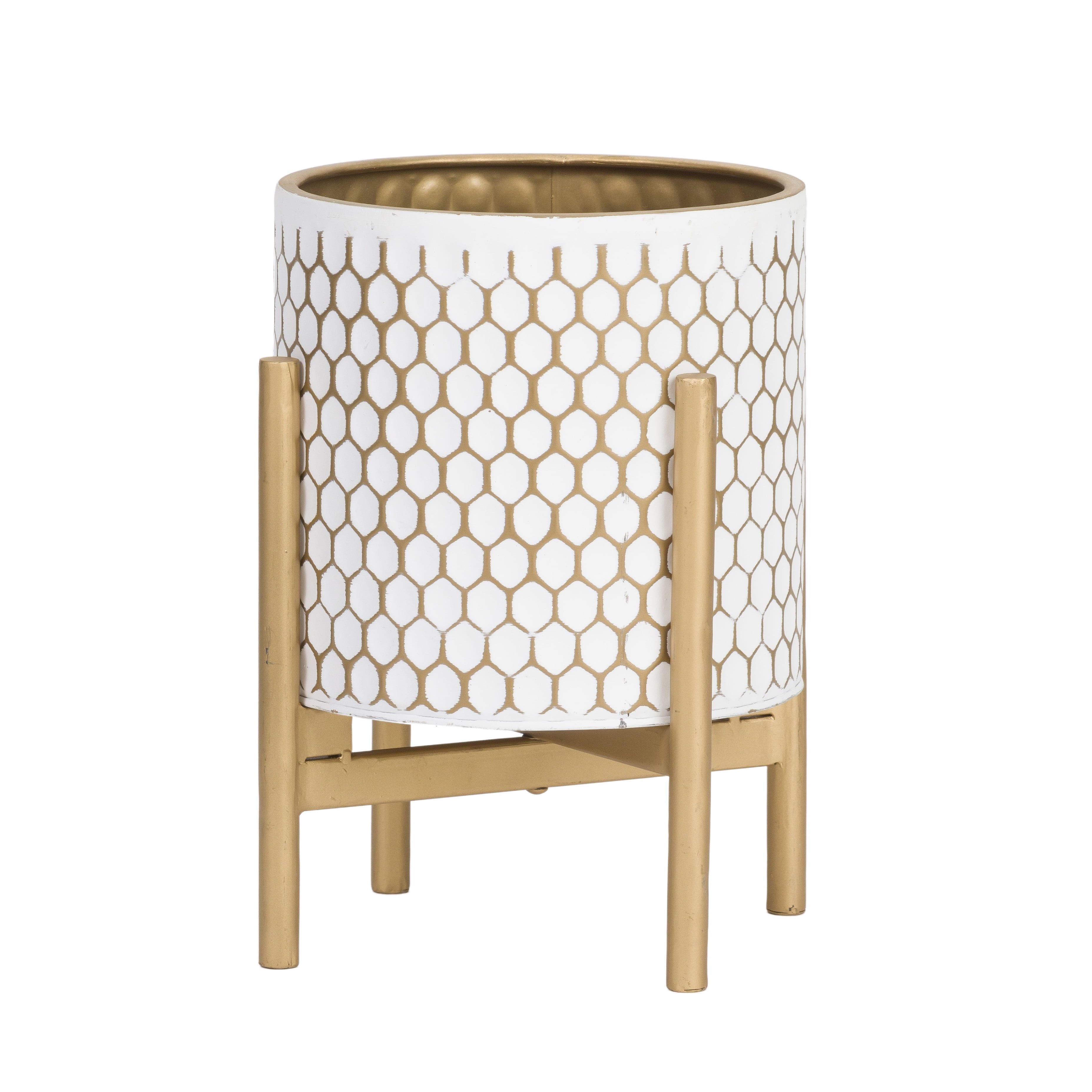 White and Gold Honeycomb Metal Planter with Stand, 12"H