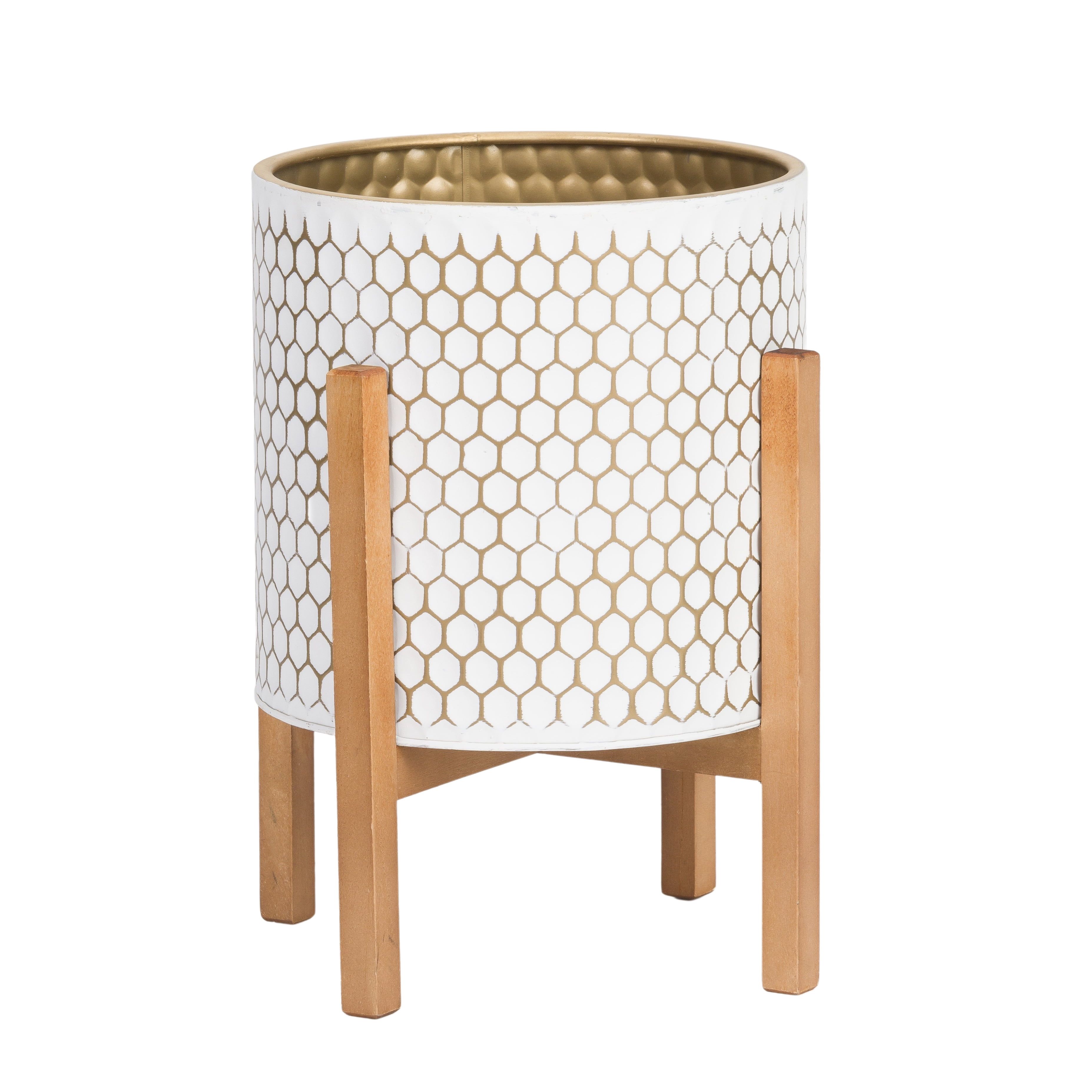 White and Gold Metal Honeycomb Planter with Wooden Base