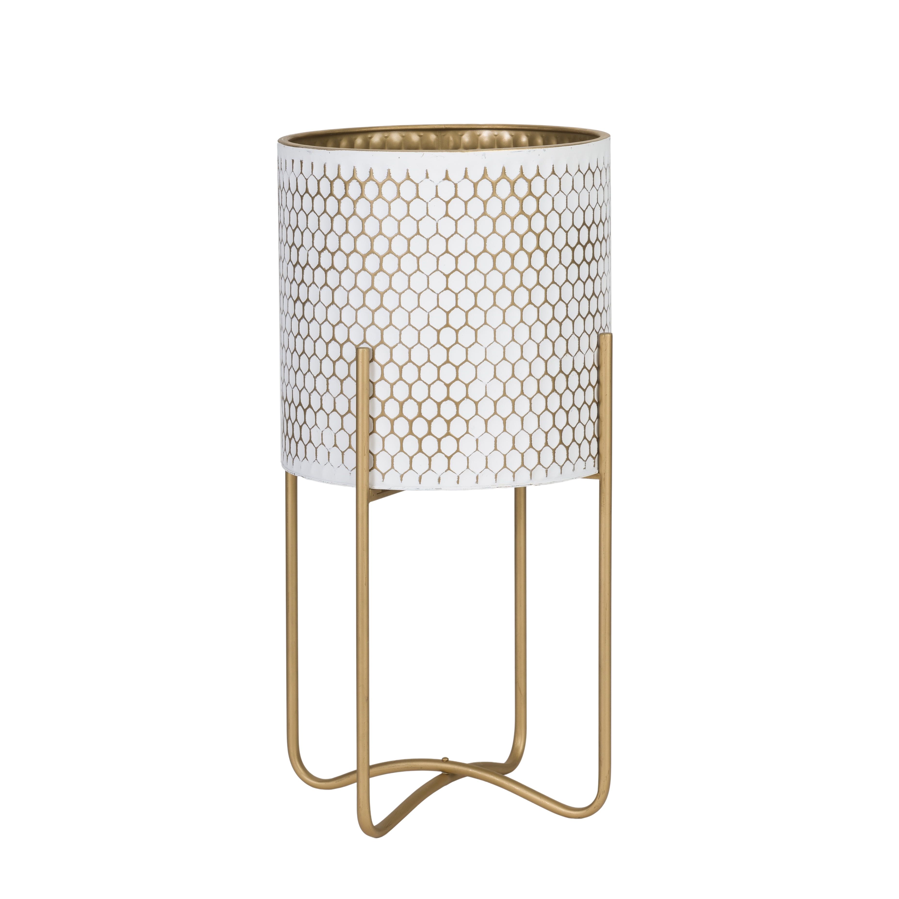 Gold and White Honeycomb Metal Planter with Tall Base