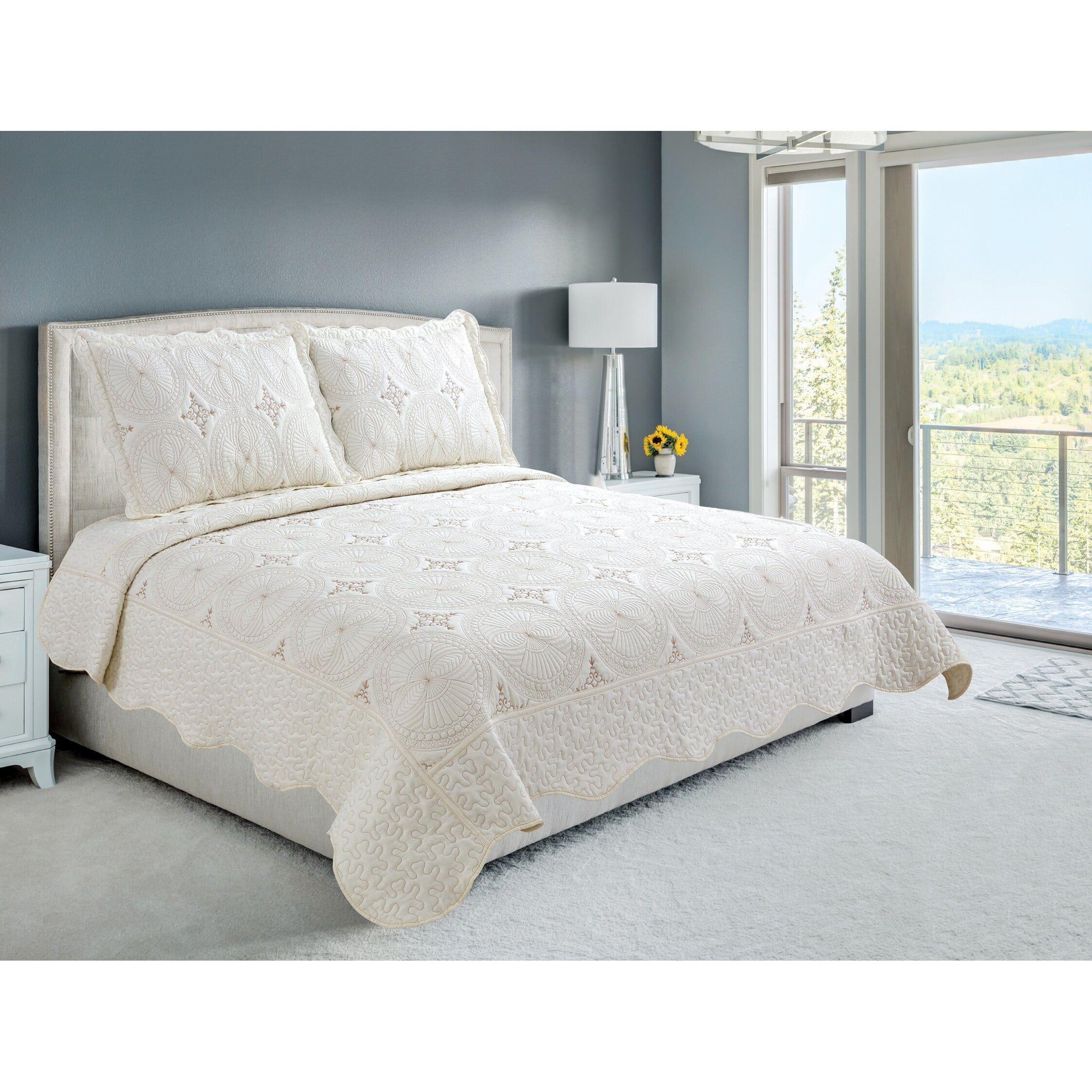 Cream Reversible Microfiber Queen Bedspread Set with Embroidered Stitching