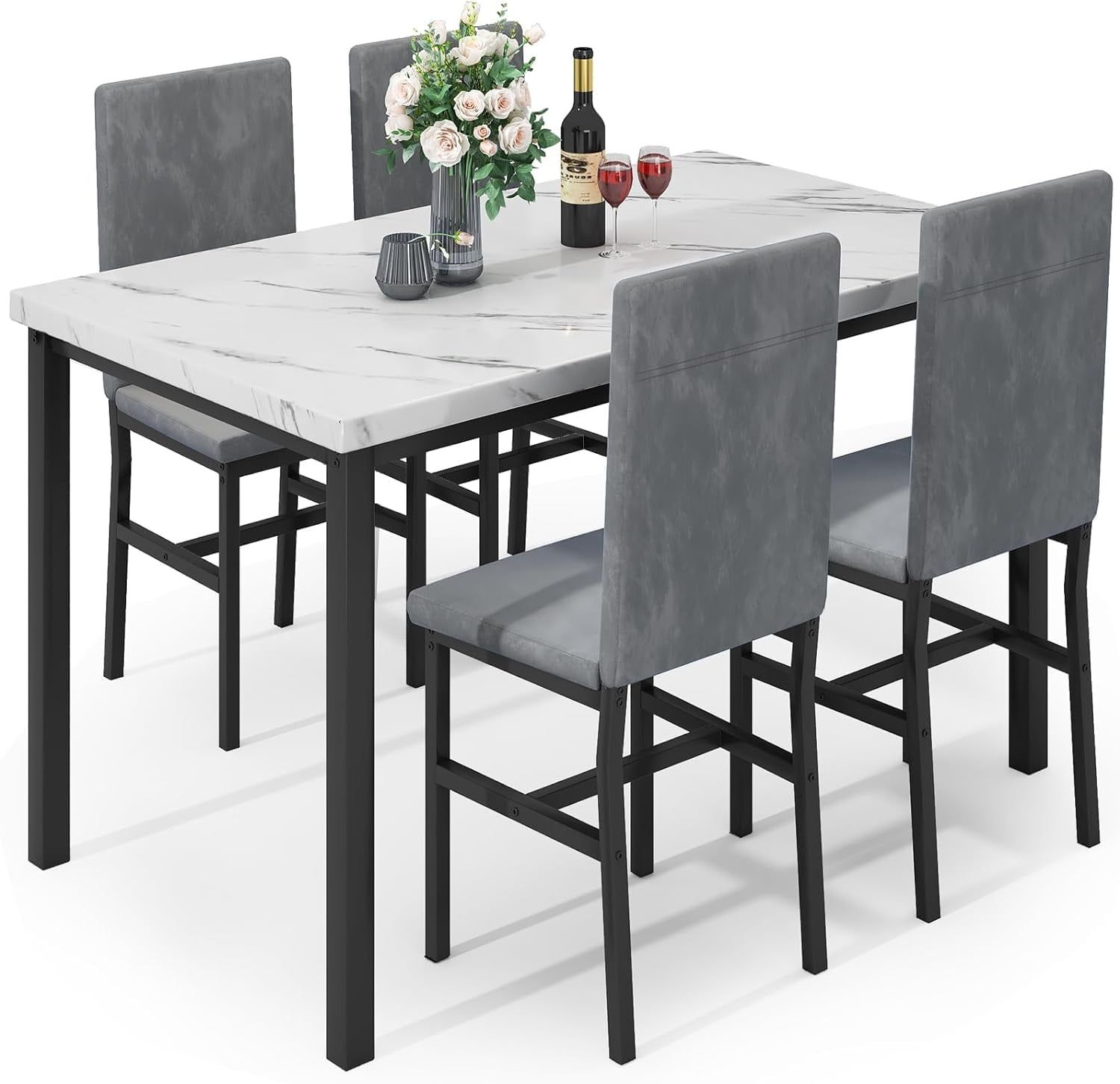 Gray Faux Marble Dining Table Set with Velvet Chairs