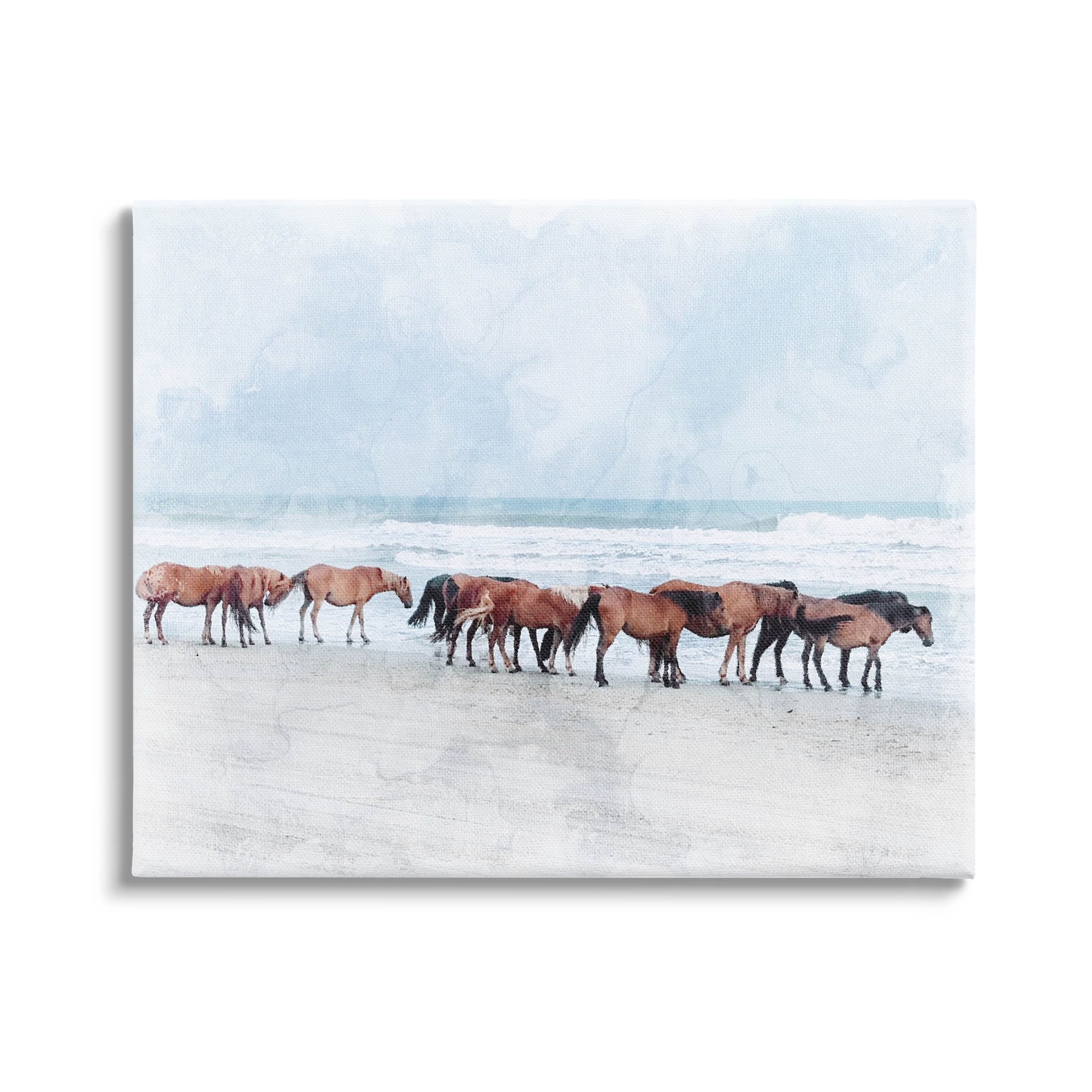 Horse Herd Grazing on Beach Canvas Print Wall Art