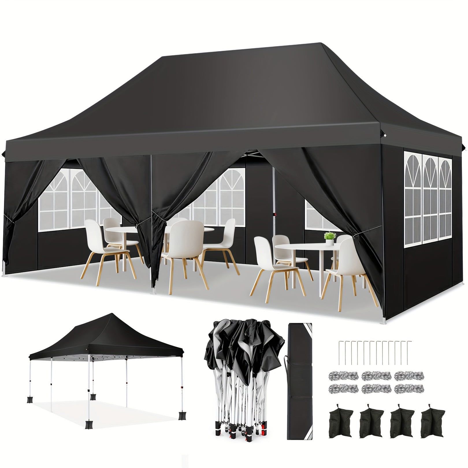 Black 10' x 20' Alloy Steel Outdoor Canopy Tent with Side Walls