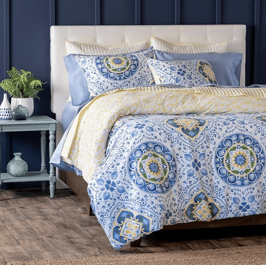 King Size Blue and Yellow Cotton 3-Piece Duvet Set