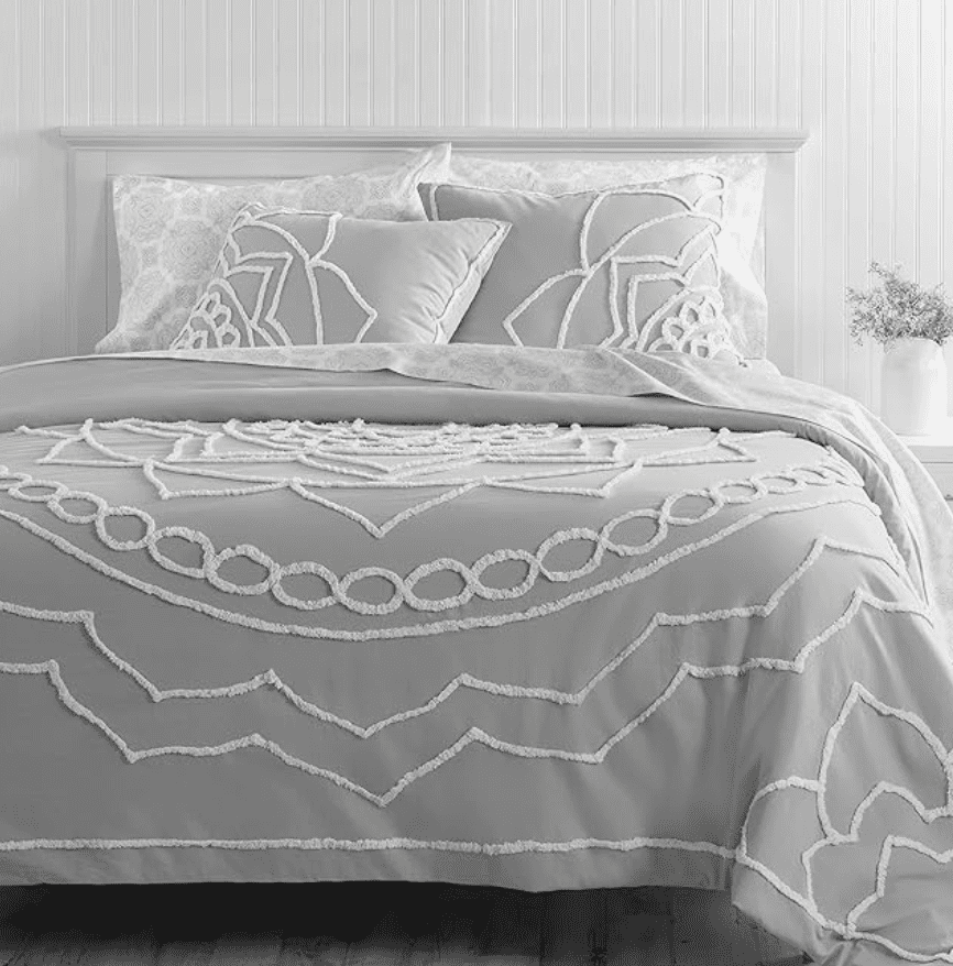 Sophia Medallion Chenille Gray Cotton Queen Duvet Set