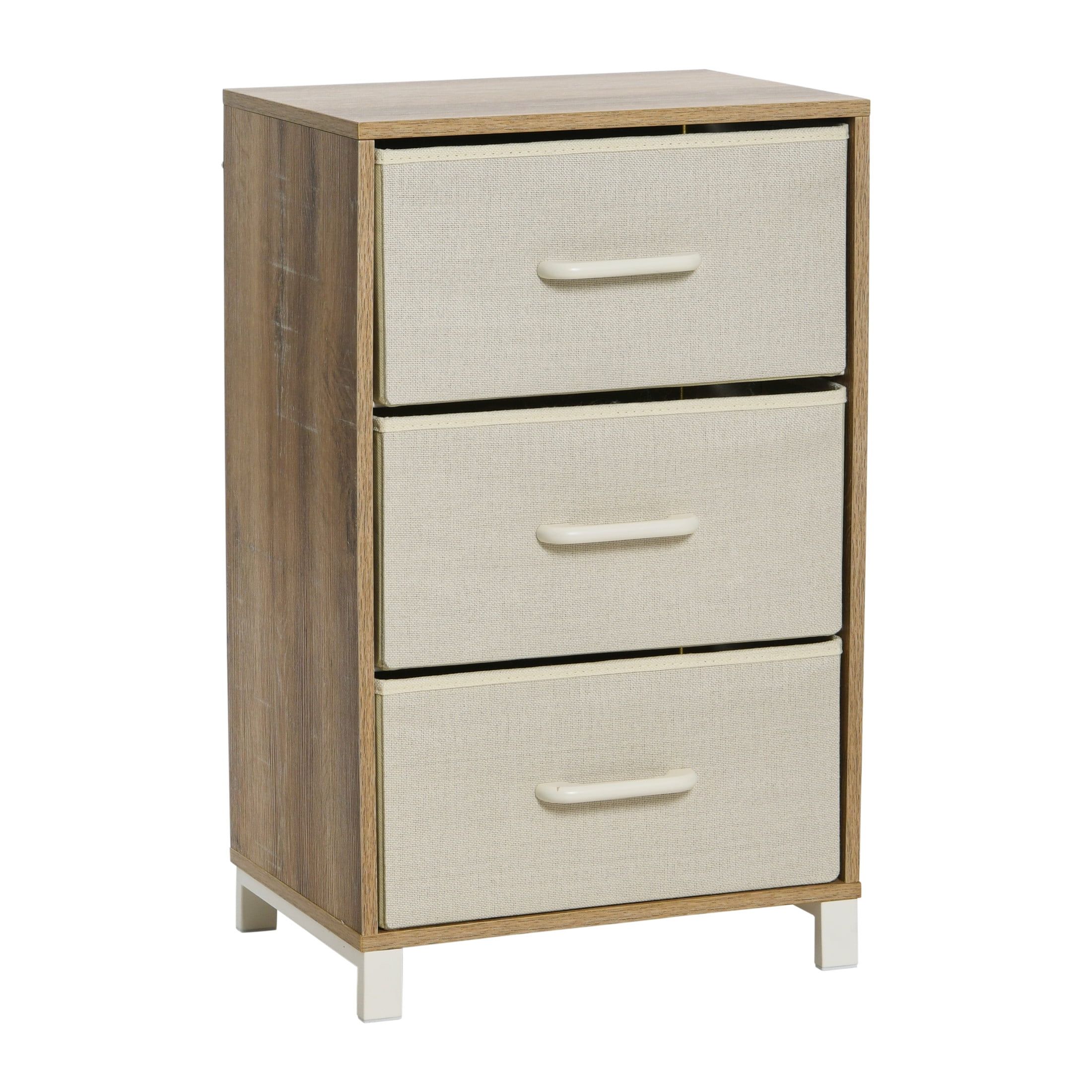 Coastal Oak 3-Drawer Storage Chest with Beige Fabric Drawers