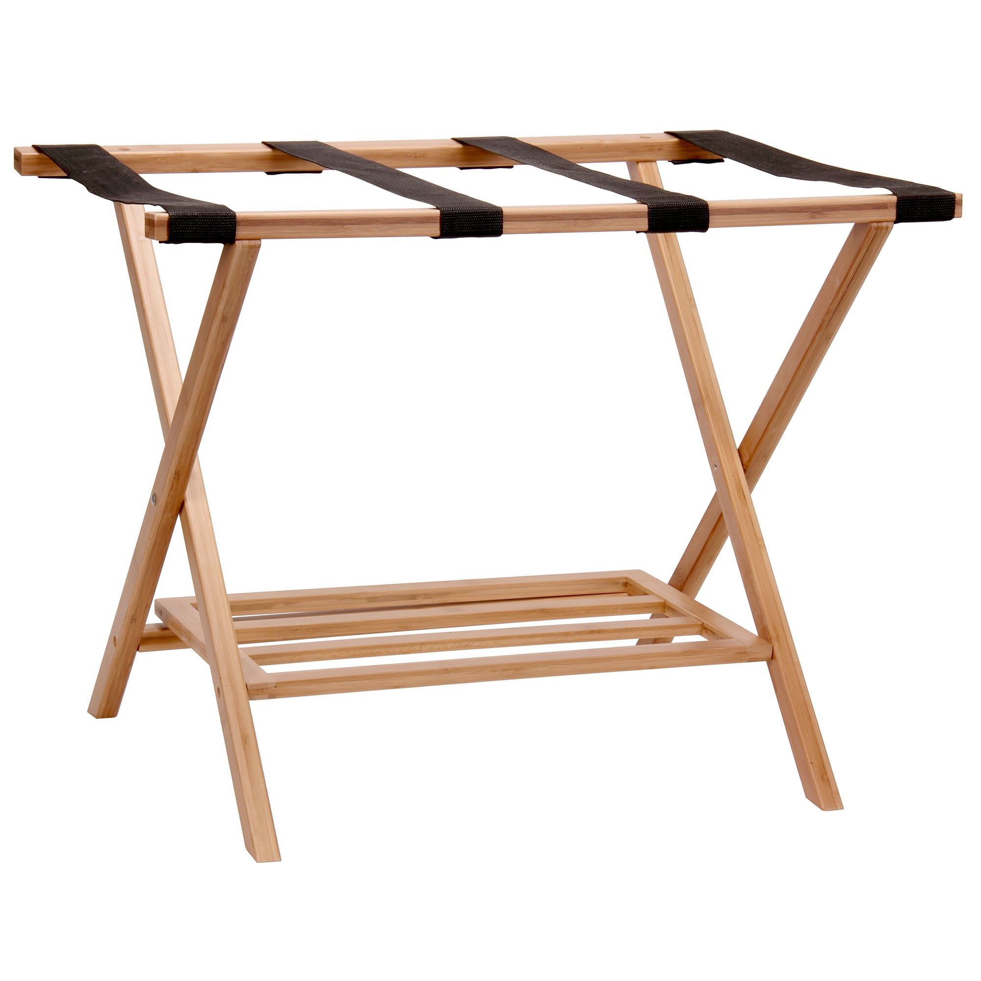 Bamboo and Black Strap Luggage Rack with Lower Shelf