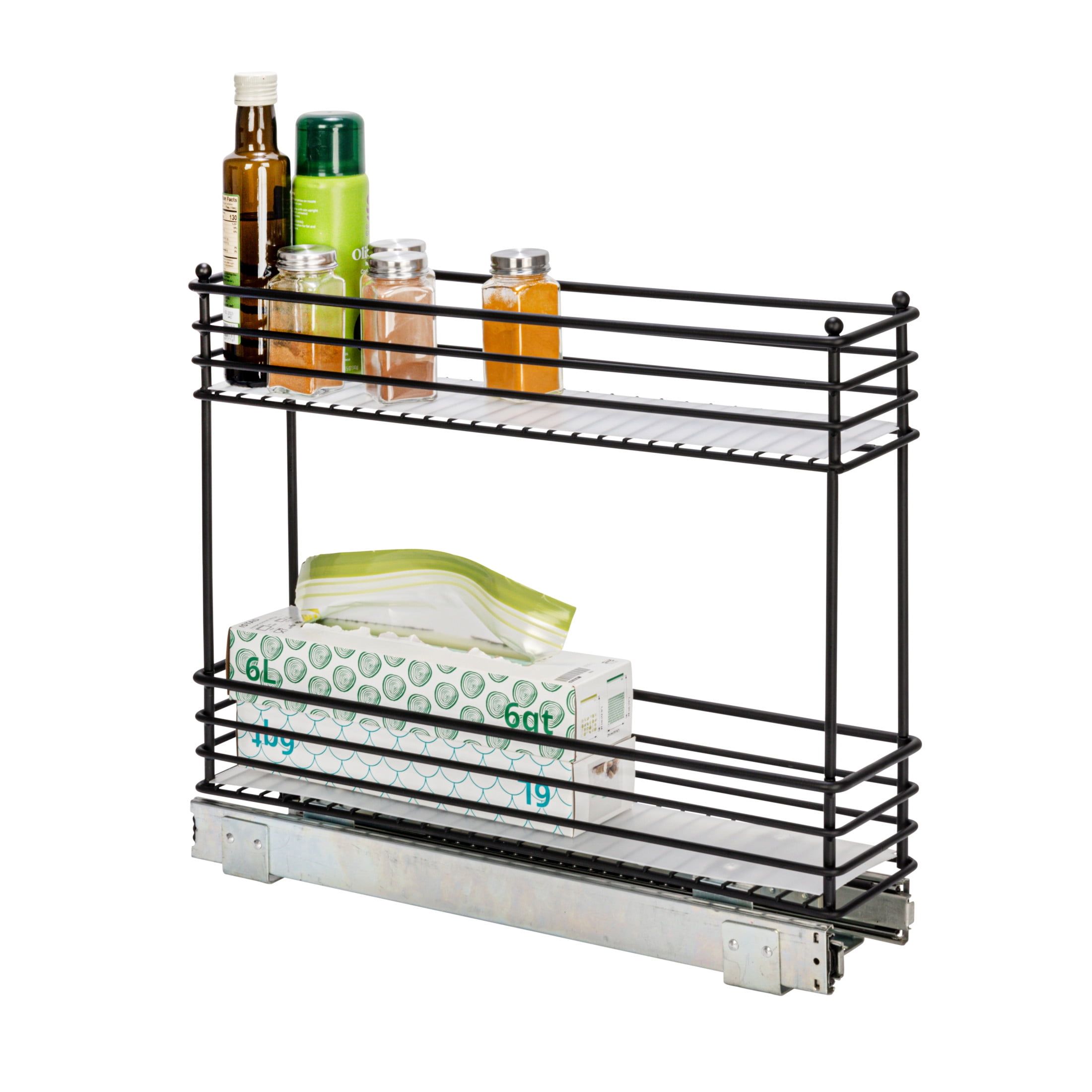 Black 2-Tier Steel Sliding Cabinet Organizer with Plastic Liners