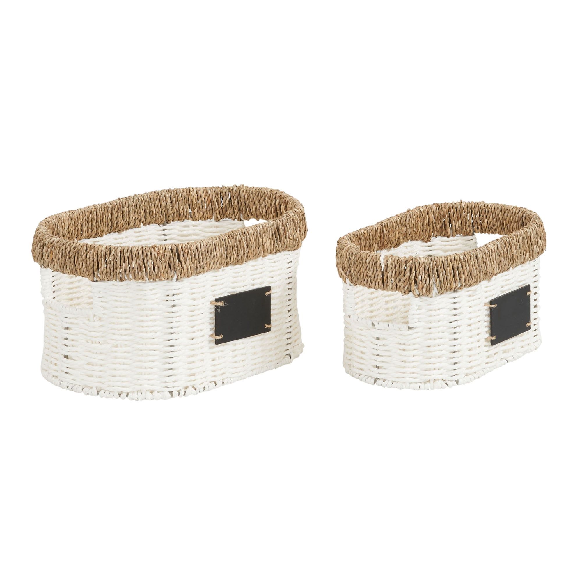 White Oval Seagrass and Paper Rope Storage Baskets, Set of 2