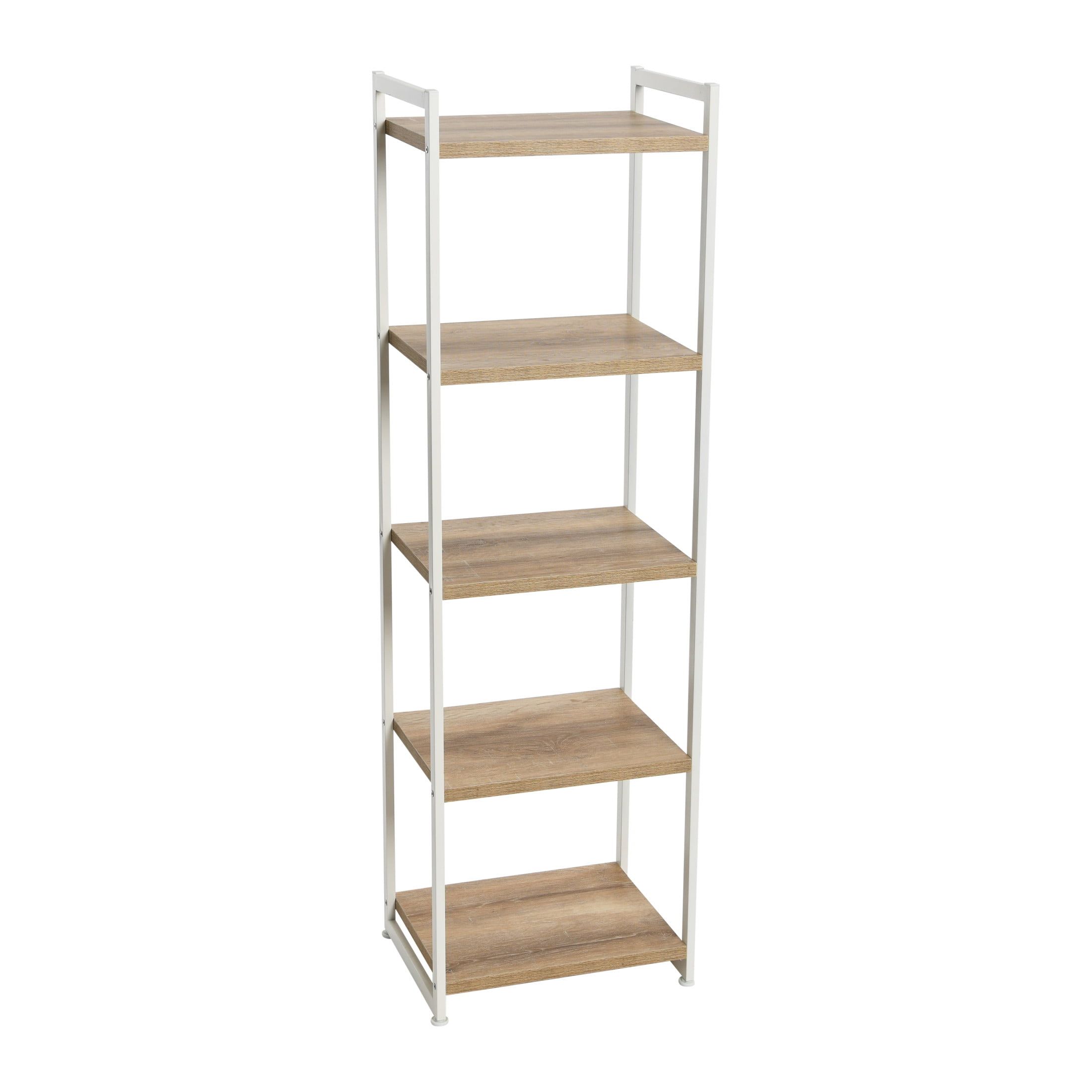 Coastal Oak and White Metal 5-Shelf Narrow Tower Bookshelf