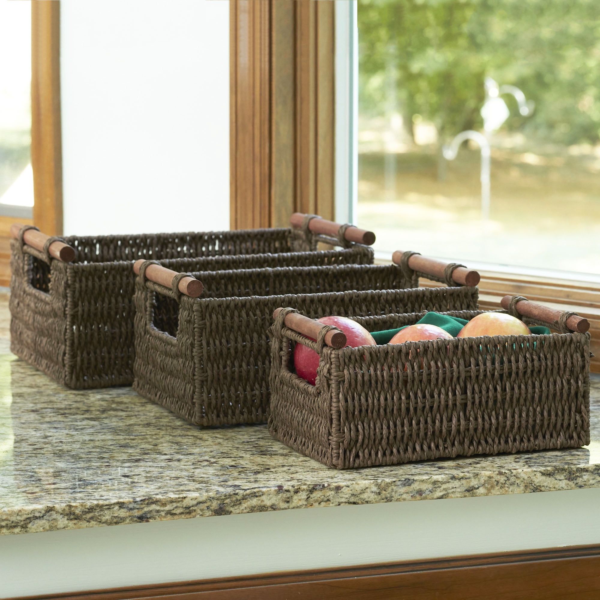 Rustic Rectangular Paper Rope Storage Baskets, Set of 3, Brown