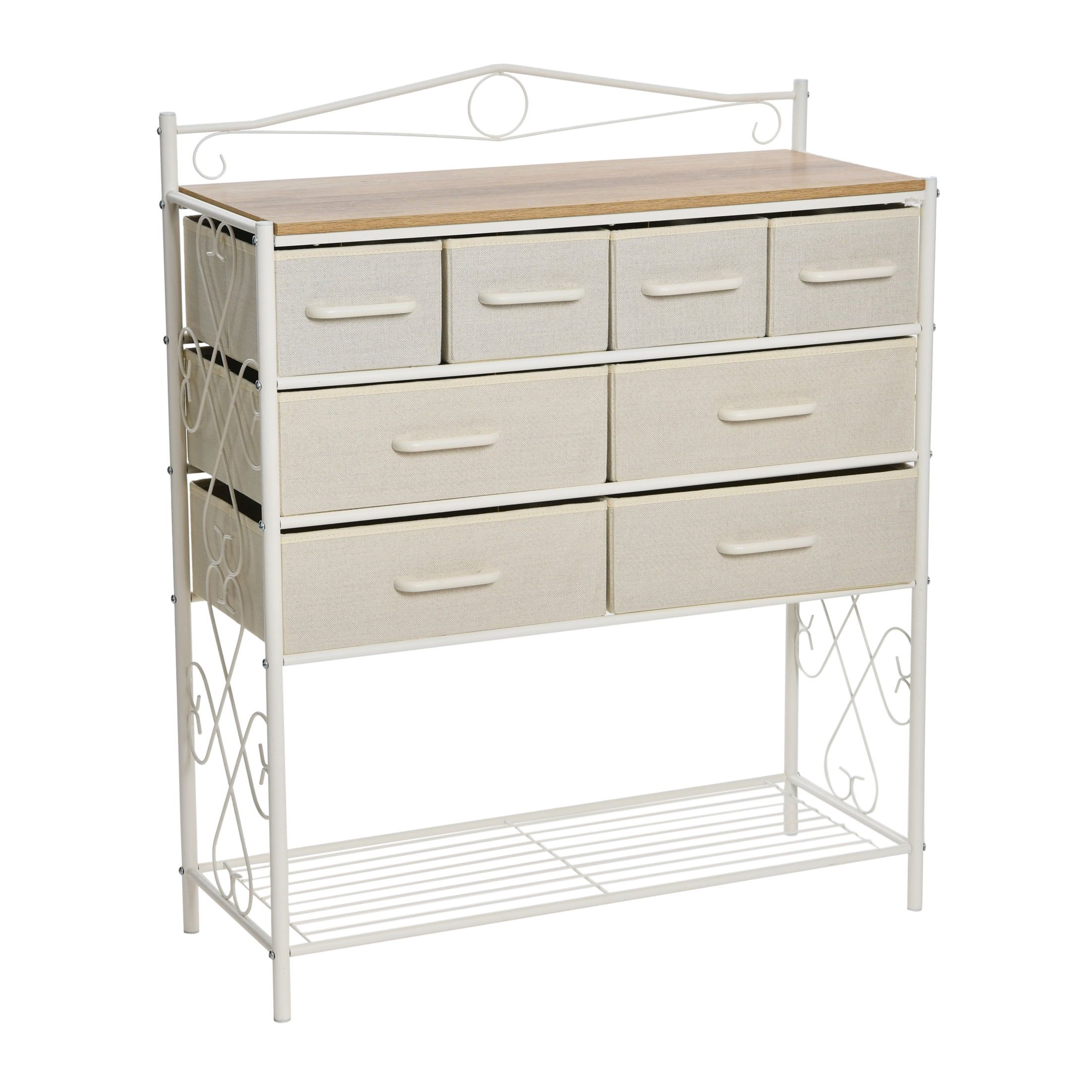 Coastal Oak White Metal Frame 8-Drawer Dresser with Storage Rack