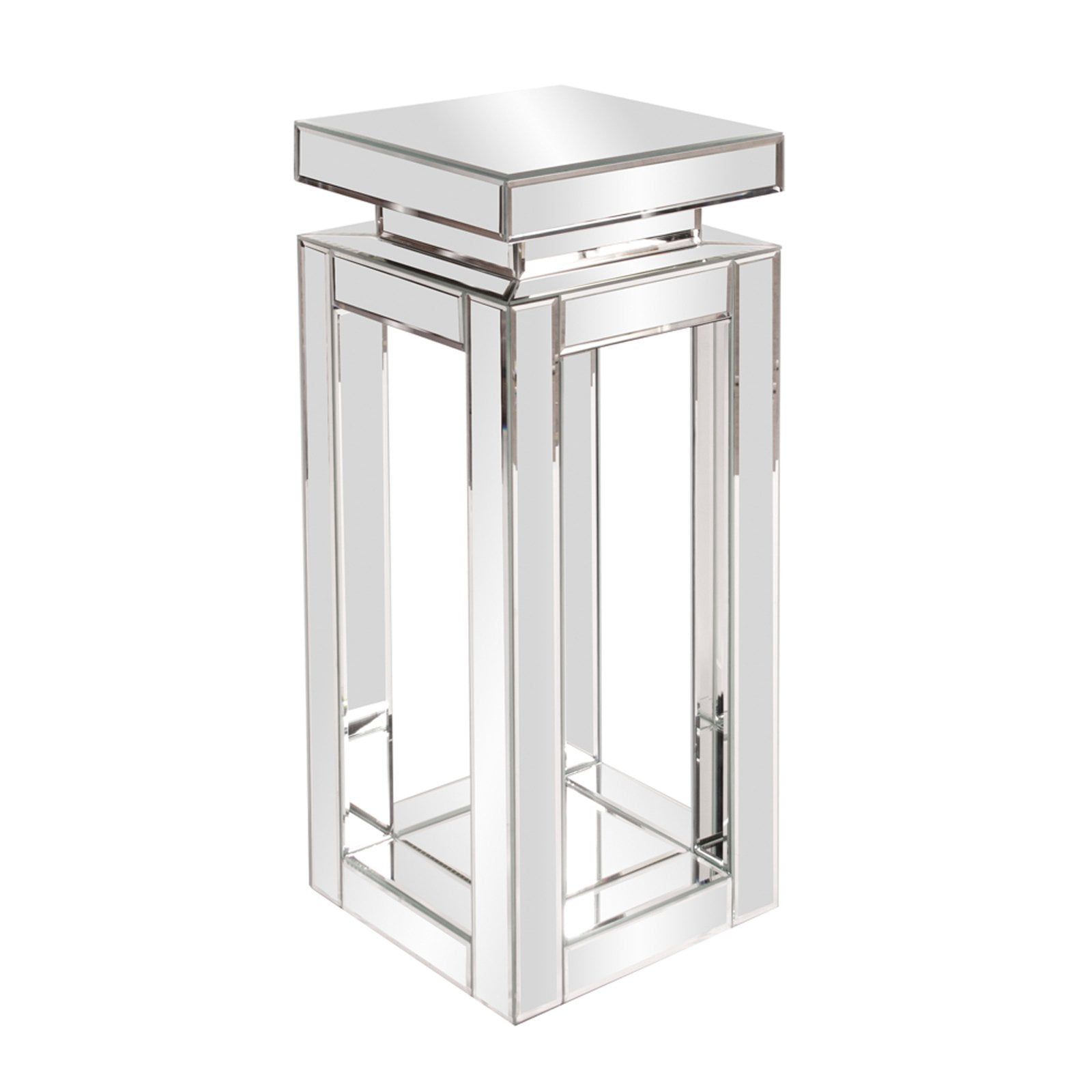 Small Silver Mirrored Pedestal Accent Table with Beveled Edges