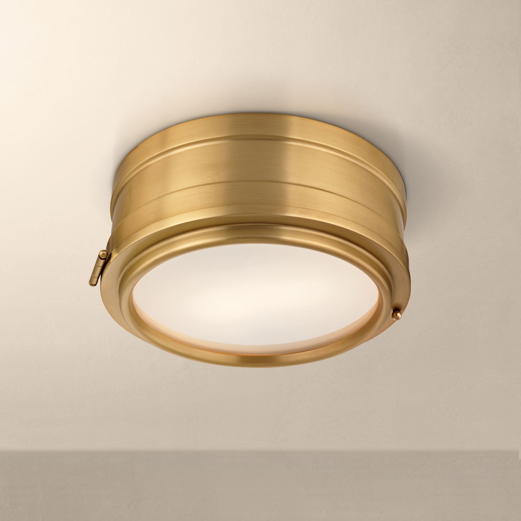 Aged Brass and White Glass 2-Light Drum Flush Mount