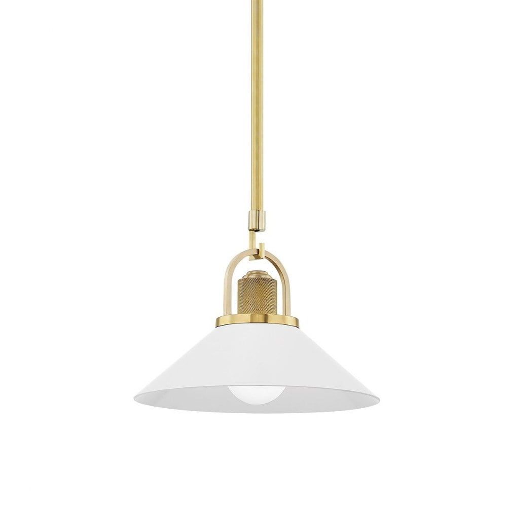 Aged Brass Farmhouse Style Indoor/Outdoor Pendant Light with Soft Off-White Aluminum Shade