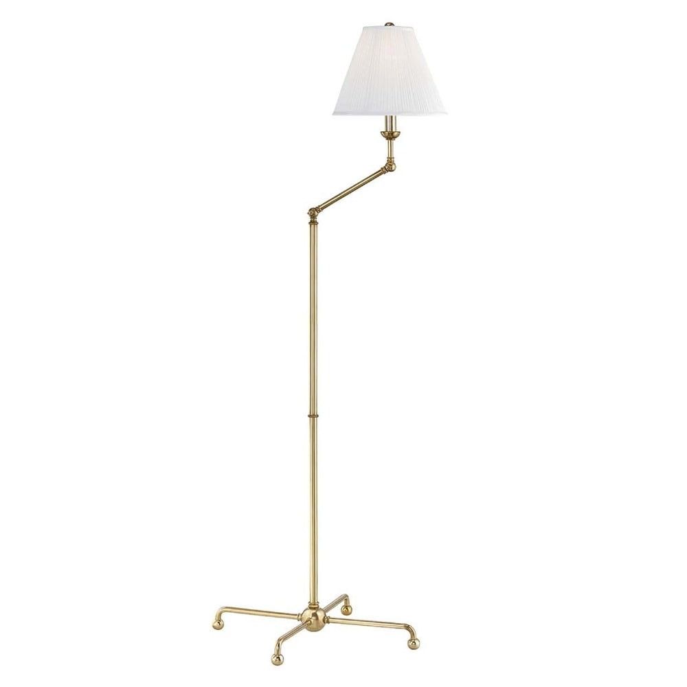 Adjustable Aged Brass Arc Floor Lamp with Off-White Silk Shade