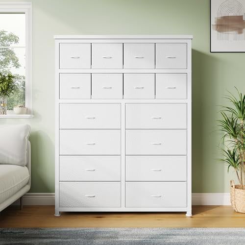 White Tall Dresser with 16 Fabric Drawers and Wood Tabletop