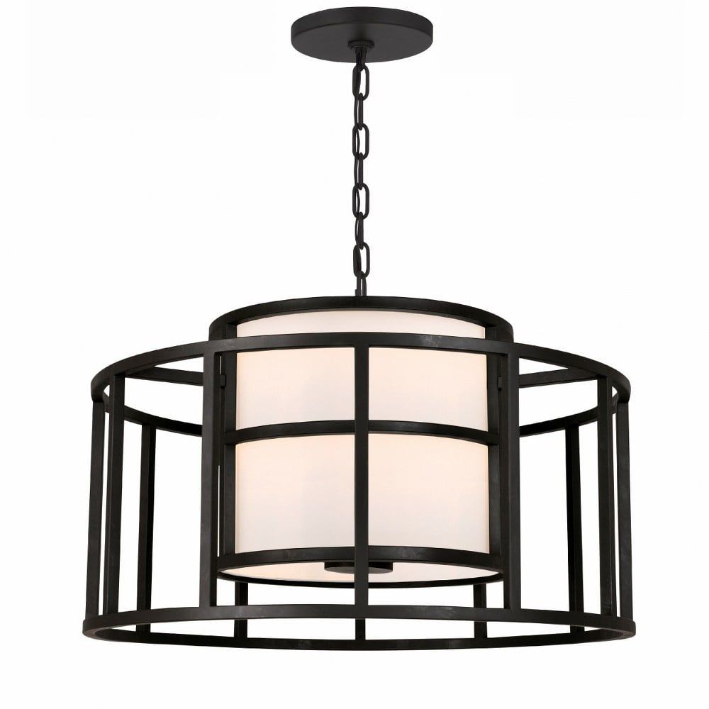 Sleek Matte Black and White Silk Drum Chandelier with 5 Lights