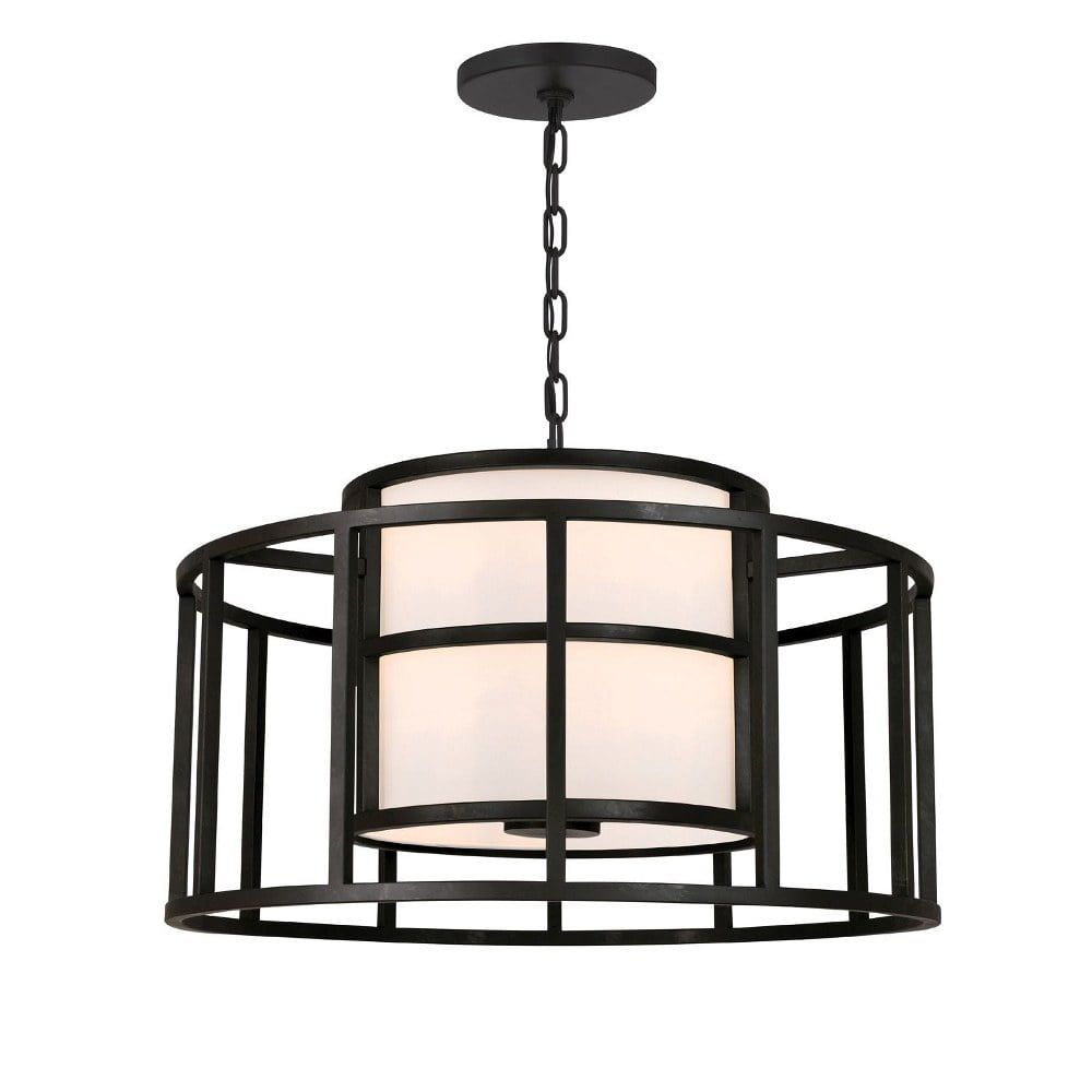 Sleek Matte Black and White Silk Drum Chandelier with 5 Lights