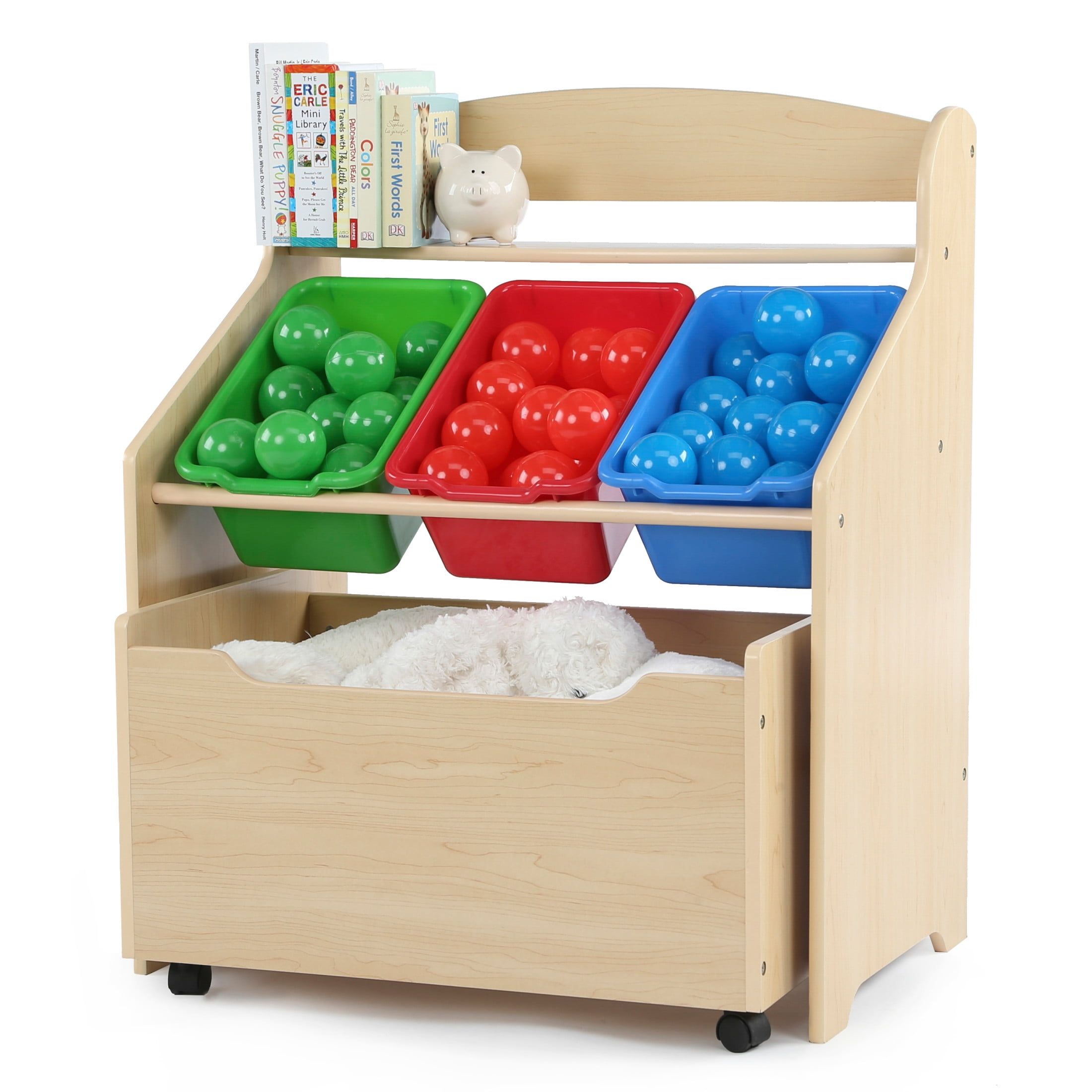 Natural Wood and Primary Colors Toddler Storage Organizer with Rolling Toy Box