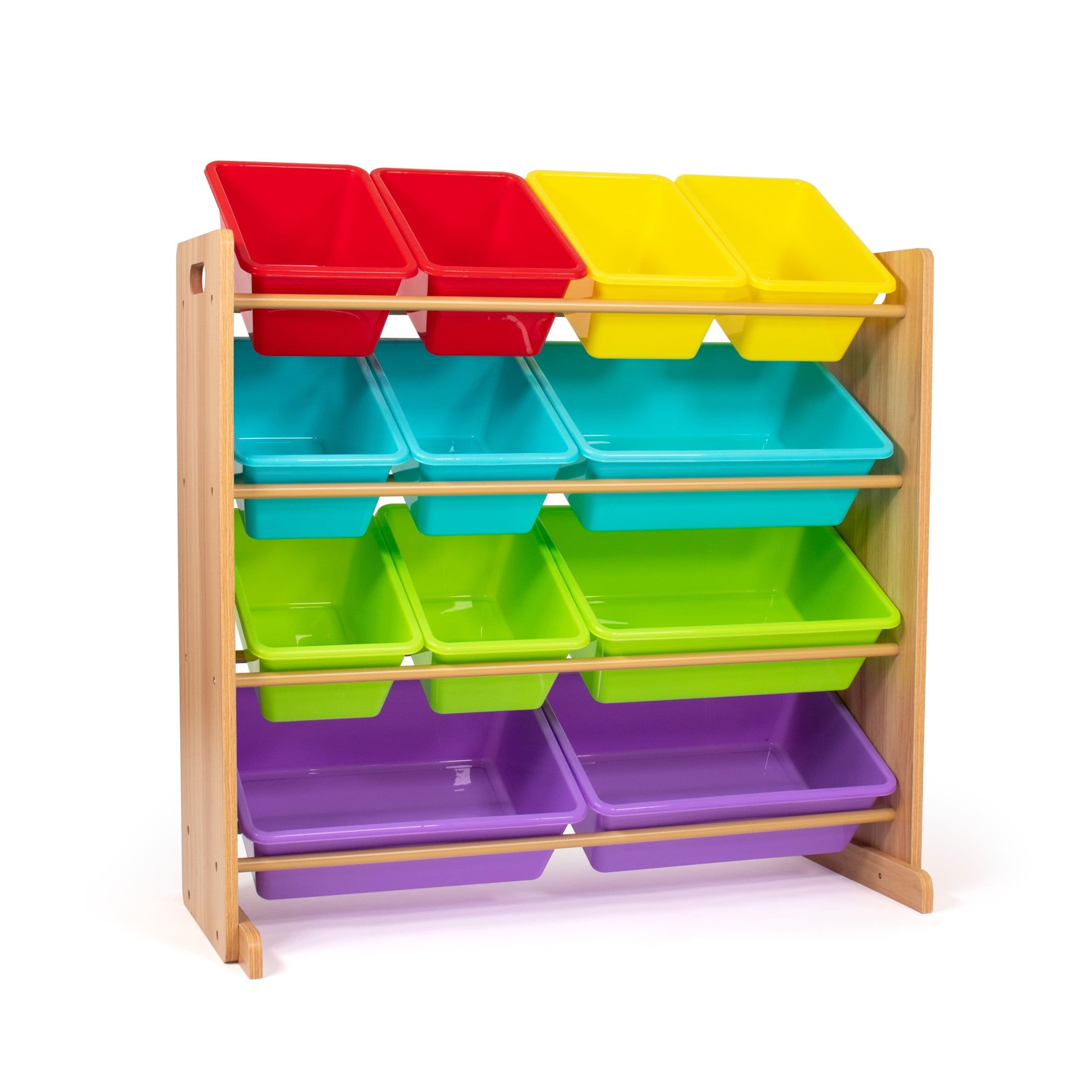 Kids Natural Wood Toy Storage Organizer with Rainbow Bins