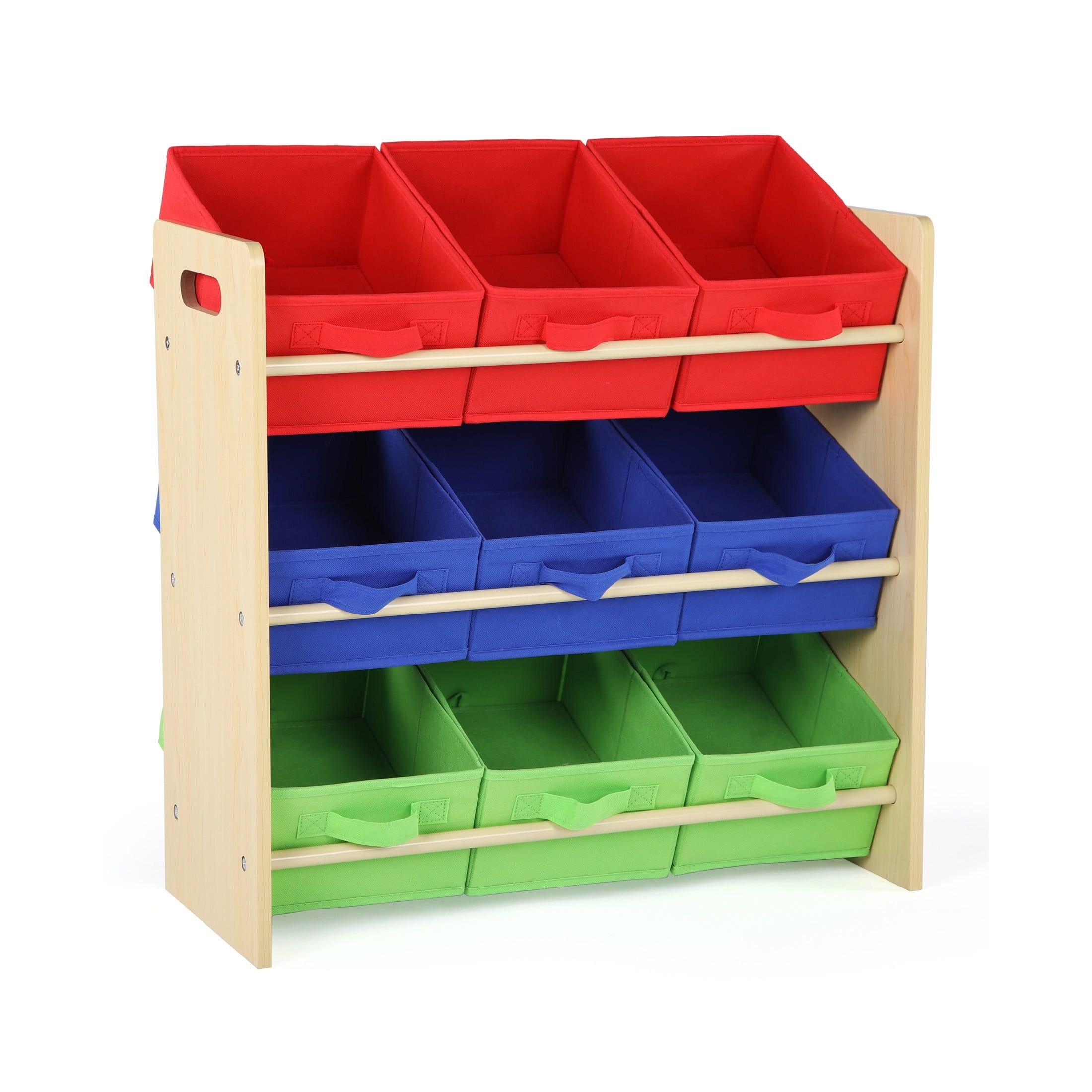 Natural Wood Kids Toy Organizer with 9 Primary Fabric Bins