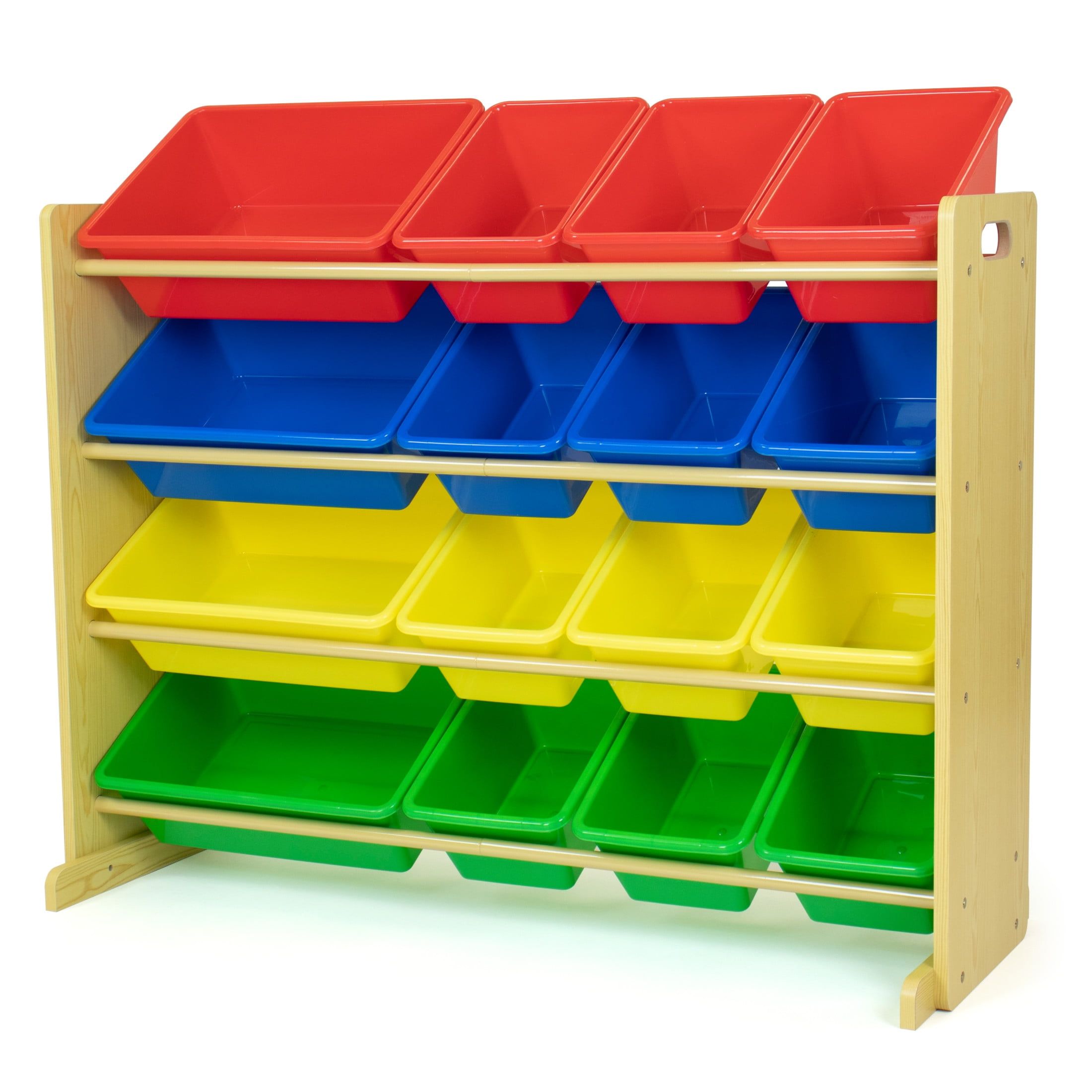 Natural Wood and Primary Color Kids Toy Storage Organizer with 16 Bins