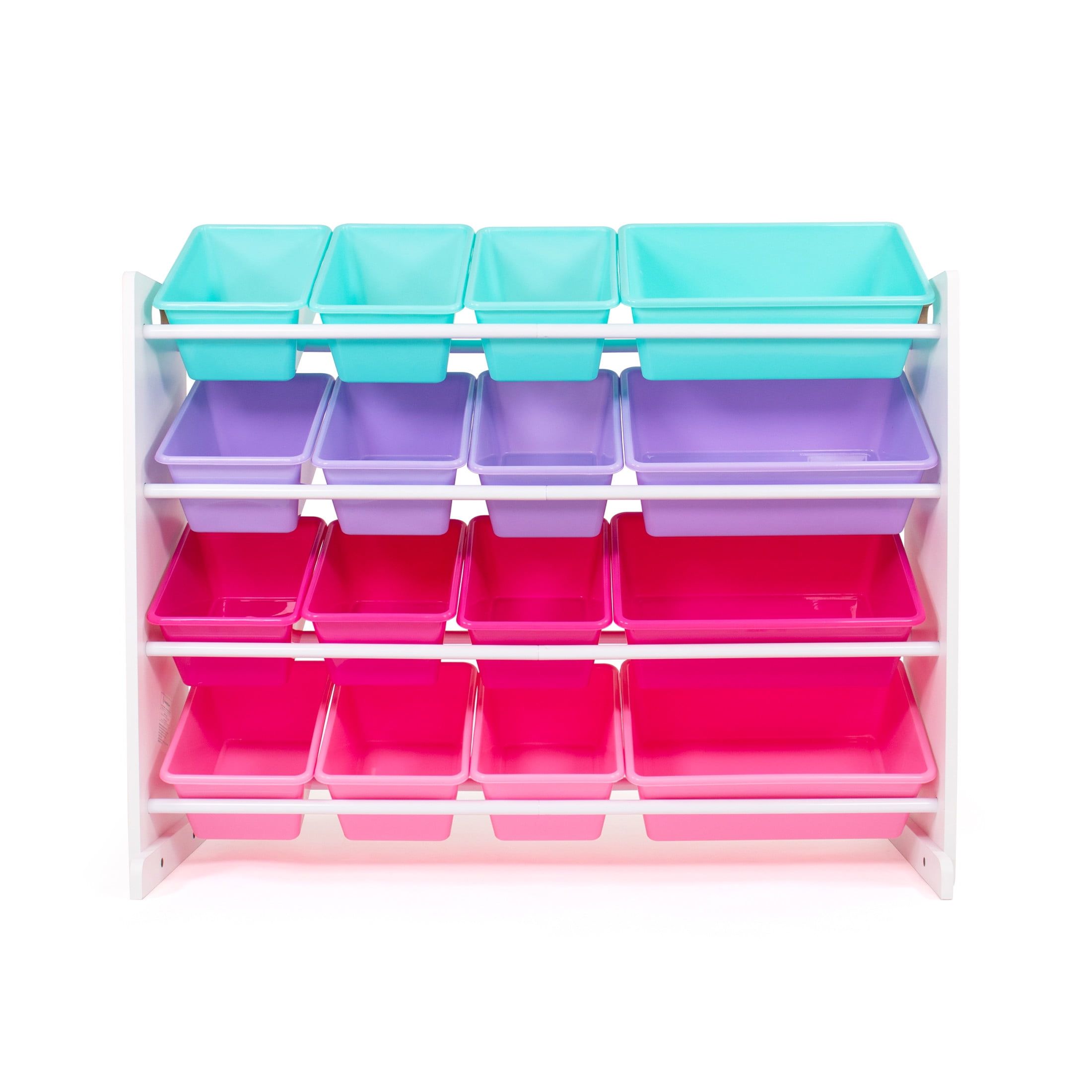 White and Pink Kids Toy Storage Organizer with 16 Bins