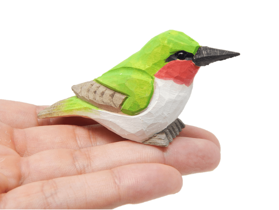 Hand-Carved Ruby-Throated Wooden Hummingbird Figurine