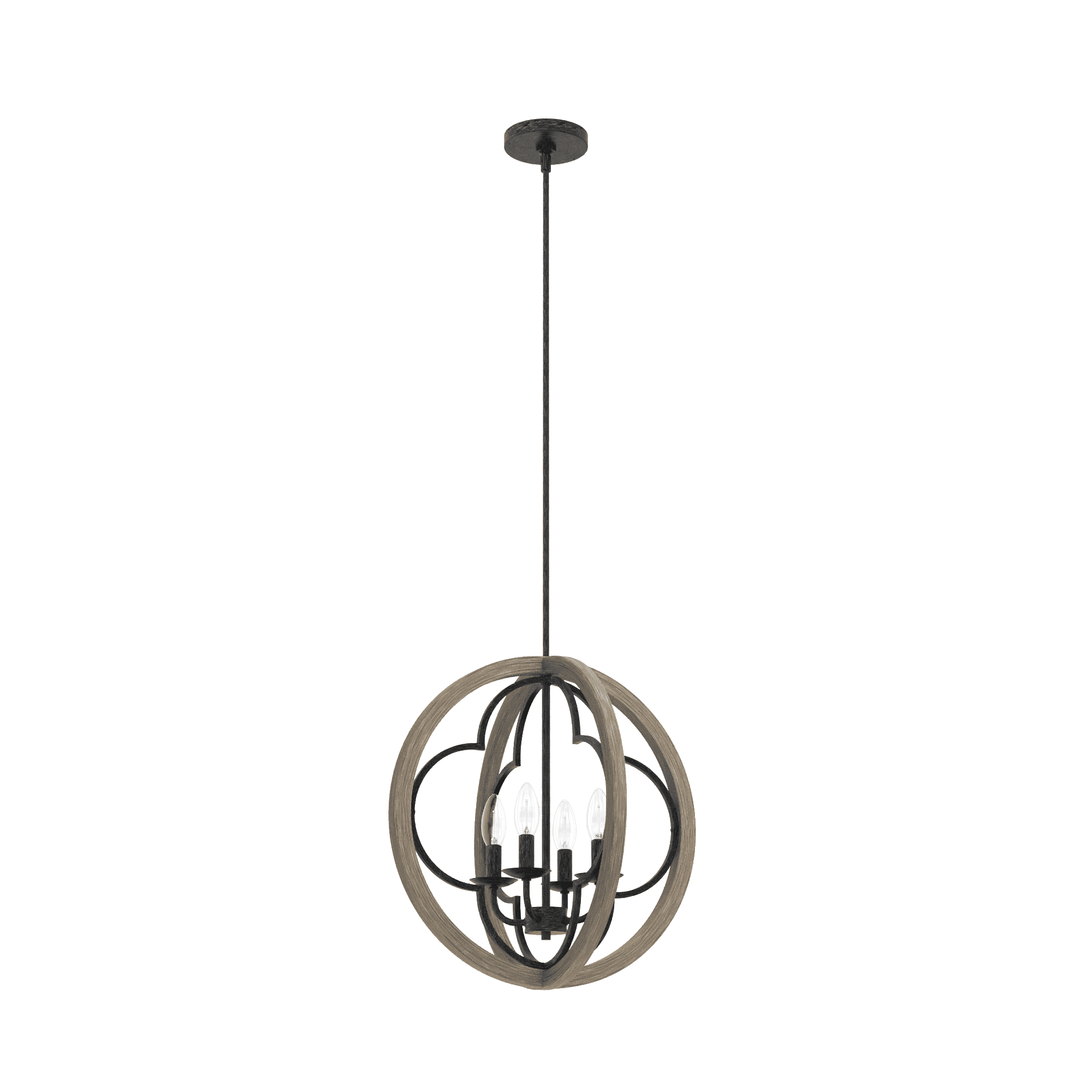 French Oak Transitional Globe Pendant Light with Quatrefoil Design