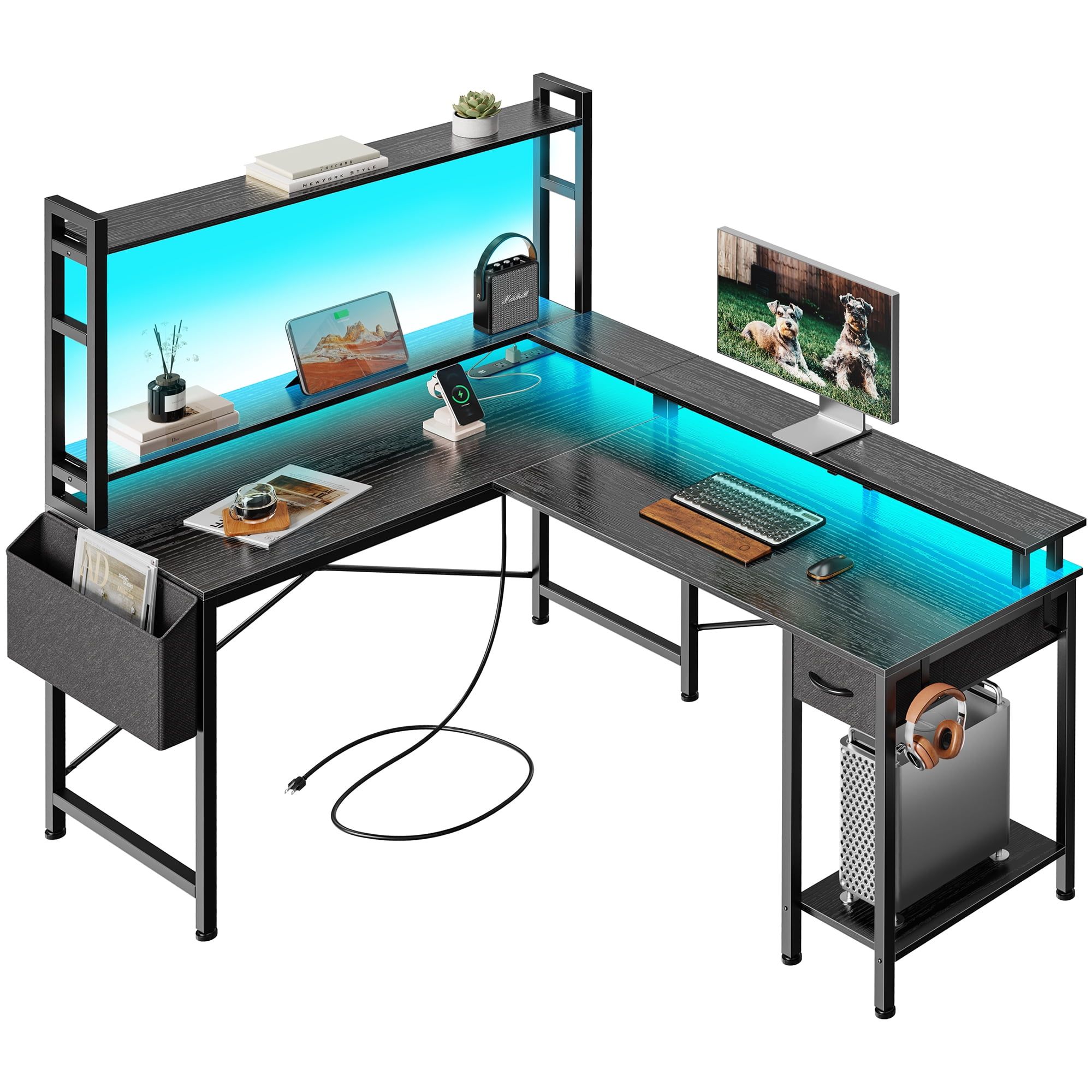 Black L-Shaped Gaming Desk with LED Lights and Storage