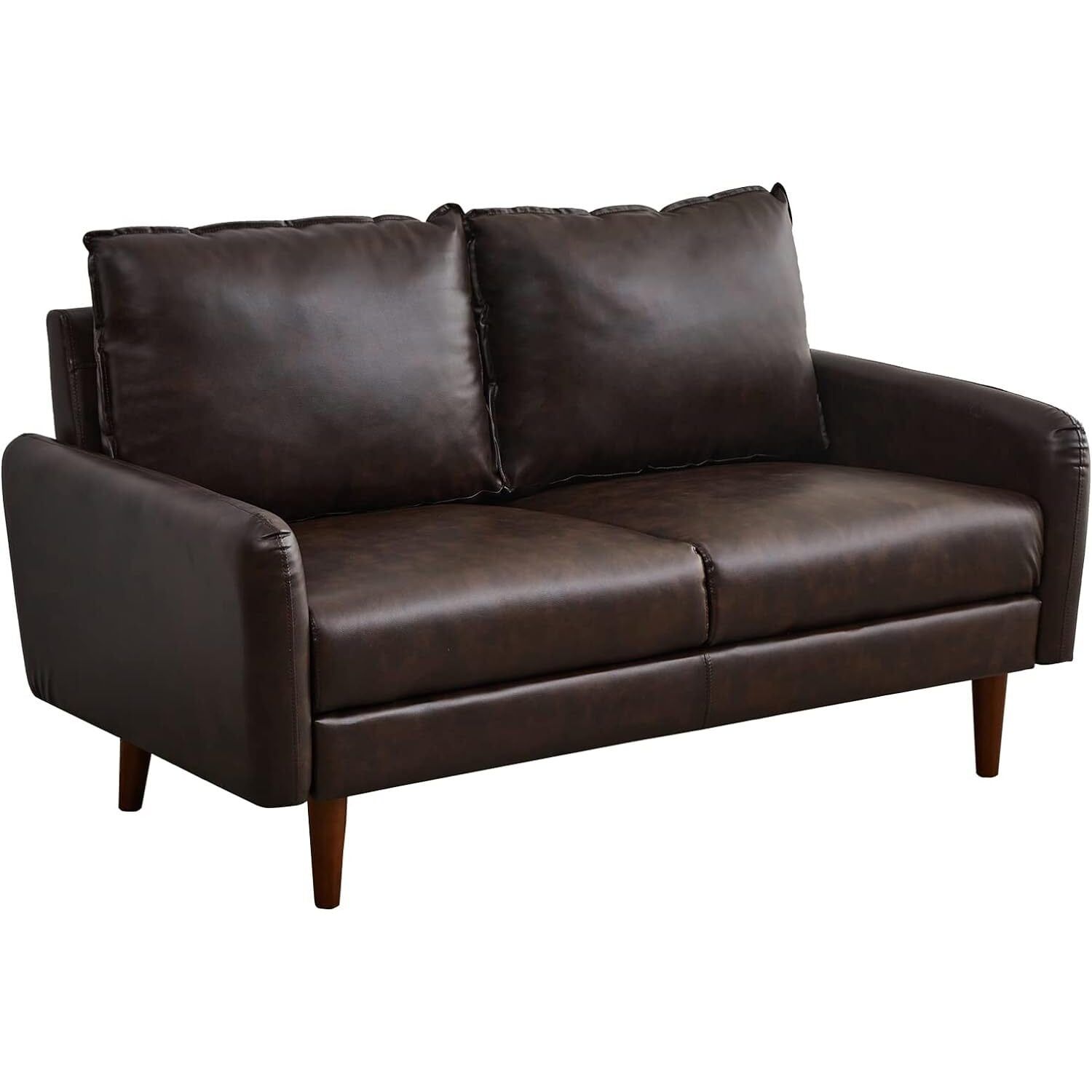 Brown Faux Leather Track Arm Loveseat with Pillow Back